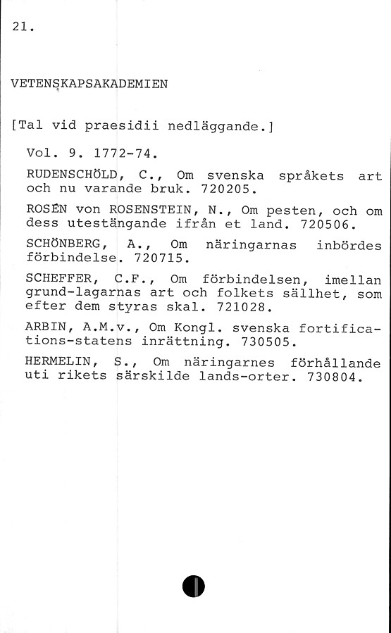  ﻿VETENS KAP SAKADEMIEN
[Tal vid praesidii nedläggande.]
Vol. 9. 1772-74.
RUDENSCHÖLD, C., Om svenska språkets art
och nu varande bruk. 720205.
ROSÉN von ROSENSTEIN, N. , Om pesten, och om
dess utestängande ifrån et land. 720506.
SCHÖNBERG, A. , Om näringarnas inbördes
förbindelse. 720715.
SCHEFFER, C.F., Om förbindelsen, imellan
grund-lagarnas art och folkets sällhet, som
efter dem styras skal. 721028.
ARBIN, A.M.v., Om Kongl. svenska fortifica-
tions-statens inrättning. 730505.
HERMELIN, S., Om näringarnes förhållande
uti rikets särskilde lands-orter. 730804.