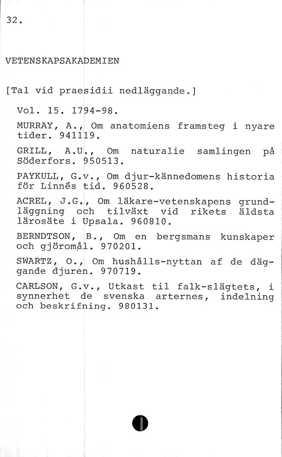  ﻿VETENSKAPSAKADEMIEN
[Tal vid praesidii nedläggande.]
Vol. 15. 1794-98.
MURRAY, A., Om anatomiens framsteg i nyare
tider. 941119.
GRILL, A.U., Om naturalie samlingen på
Söderfors. 950513.
PAYKULL, G.v., Om djur-kännedomens historia
för Linnés tid. 960528.
ACREL, J.G., Om läkare-vetenskapens grund-
läggning och tilväxt vid rikets äldsta
lärosäte i Upsala. 960810.
BERNDTSON, B., Om en bergsmans kunskaper
och gjöromål. 970201.
SWARTZ, O., Om hushålls-nyttan af de däg-
gande djuren. 970719.
CARLSON, G.v., Utkast til falk-slägtets, i
synnerhet de svenska arternes, indelning
och beskrifning. 980131.