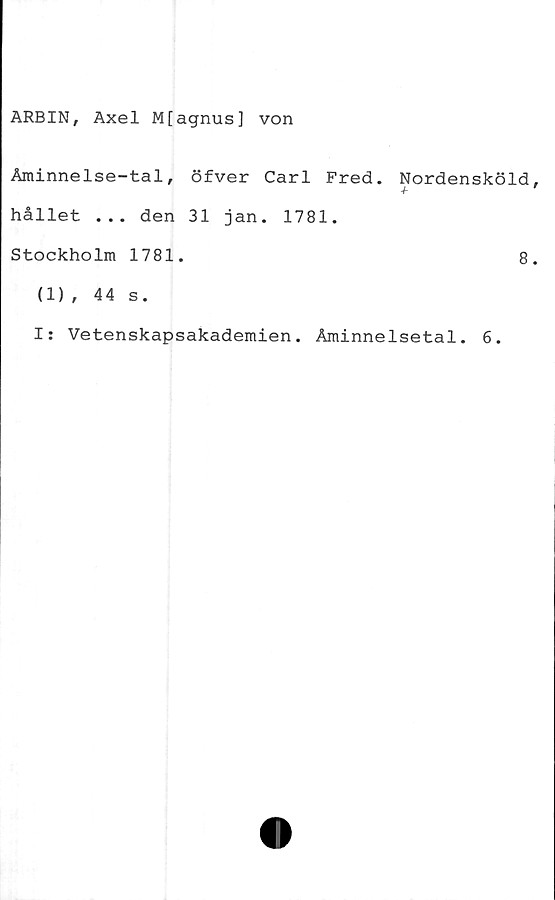  ﻿ARBIN, Axel Mfagnus] von
Åminnelse-tal, öfver Carl Fred.
hållet ... den 31 jan. 1781.
Stockholm 1781.
Nordensköld
8
(1), 44 s.
I: Vetenskapsakademien. Åminnelsetal. 6.