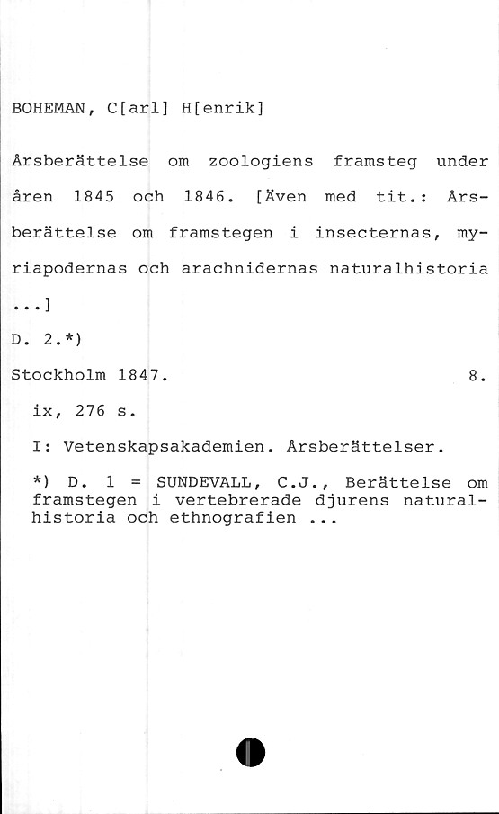  ﻿BOHEMAN, C[arl] H[enrik]
Årsberättelse om zoologiens framsteg under
åren 1845 och 1846. [Även med tit.: Års-
berättelse om framstegen i insecternas, my-
riapodernas och arachnidernas naturalhistoria
...]
D. 2.*)
Stockholm 1847.	8.
ix, 276 s.
I: Vetenskapsakademien. Årsberättelser,
*) D. 1 = SUNDEVALL, C.J., Berättelse om
framstegen i vertebrerade djurens natural-
historia och ethnografien .. .