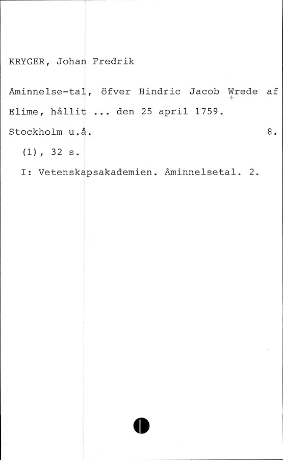  ﻿KRYGER, Johan Fredrik
Åminnelse-tal,	öfver Hindric Jacob Wrede af
Elime, hållit .	, .. den 25 april 1759.
Stockholm u.å.	8.
(1), 32 s.	
I: Vetenskapsakademien. Åminnelsetal. 2.