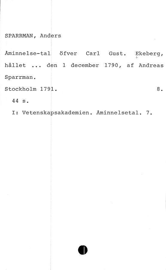  ﻿SPARRMAN, Anders
Åminnelse-tal öfver Carl Gust. Ekeberg,
hållet ... den 1 december 1790, af Andreas
Sparrman.
Stockholm 1791.	8.
44 s.
I: Vetenskapsakademien. Åminnelsetal. 7.