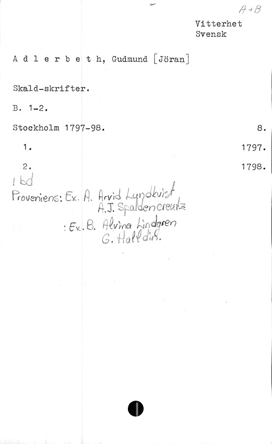  ﻿ft+d
Vitterhet
Svensk
Adlerbeth, Gudmund [jöran]
Skald-skrifter.
B. 1-2.
Stockholm 1797-98.	8.
1.	1797.
2. I btj / Froyenleos*. t*. fj. fWid AJ. : 6c. 6. G.	1798.