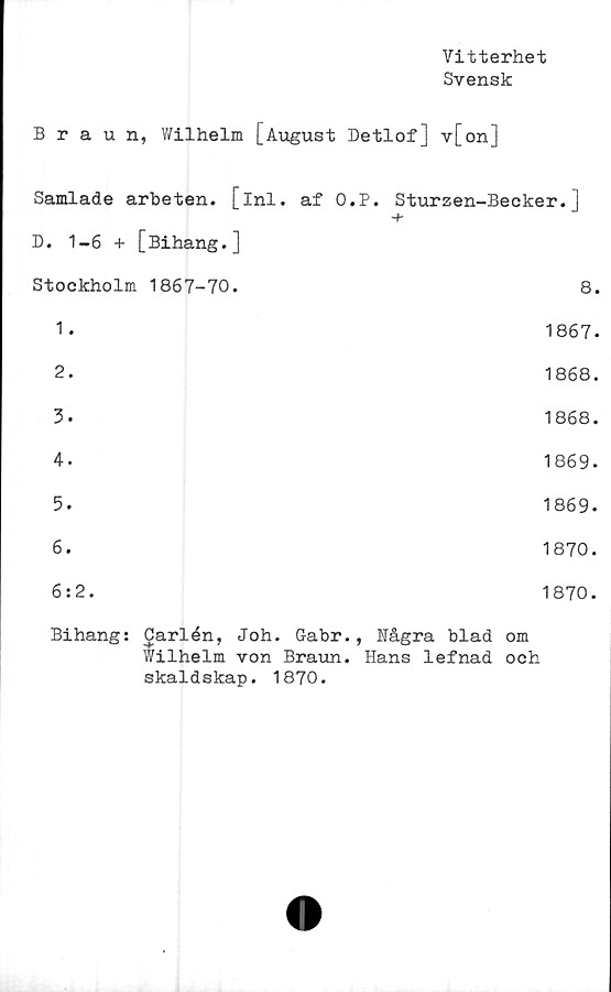  ﻿Vitterhet
Svensk
Braun, Wilhelm [August Detlof] v[on]
Samlade arbeten, [inl. af O.P. Sturzen-Becker. |
■+
D. 1-6 + [Bihang.]
Stockholm 1867-70.	8.
1.	1867.
2.	1868.
3.	1868.
4.	1869.
5.	1869.
6.	1870.
6:2.	1870.
Bihang: Carlén, Joh. Gabr., Några blad om
Wilhelm von Braun. Hans lefnad och
skaldskap. 1870.