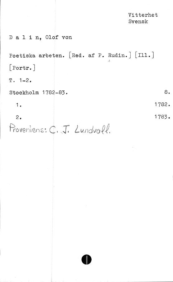  ﻿Vitterhet
Svensk
Dalin, Olof von
Poetiska arbeten. [Red. af P. Rudin.] [ill.]
[Portr.]
T. 1-2.
Stockholm 1782-83.	8
1.	1782
2.
froveniens*. C J7 LundvotA
1783