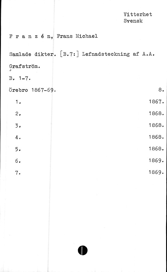  ﻿Vitterhet
Svensk
Franzén, Frans Michael
Samlade dikter, [b.7:] lefnadsteckning af A.A.
Grafström.
B, 1-7.
Örebro 1867-69.	8.
1.	1867.
2.	1868.
3.	1868.
4.	1868.
5.	1868.
6.	1869.
7.	1869.