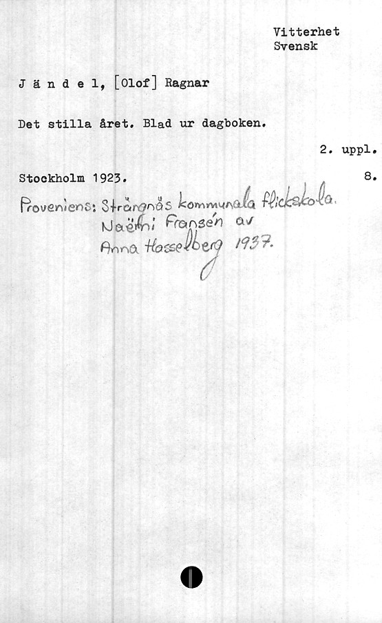  ﻿Vitterhet
Svensk
Jändel, [Olof] Ragnar
Det stilla året. Blad ur dagboken.
Stockholm 1923.
froveruertS* SlrorOnås konr>rnwodh
kla fransen Q/
Anna e<o&?i-
2. uppl.
8.
