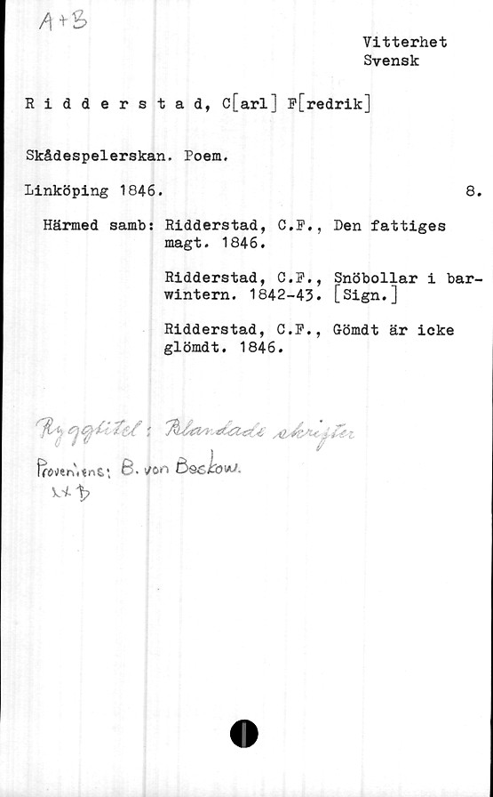  ﻿A
Vitterhet
Svensk
Ridderstad, c[arl] F[redrik]
Skådespelerskan. Poem.
Linköping 1846.	8.
Härmed samb: Ridderstad, C.P., Den fattiges
magt. 1846.
Ridderstad, C.F., Snöbollar i bar-
wintern. 1842-43. [Sign.]
Ridderstad, C.P., G-ömdt är icke
glömdt. 1846.
B. doekovJ.
U-1?
