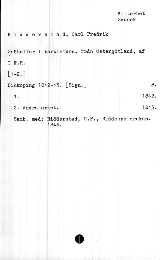  ﻿Vitterhet
Svensk
Ridderstad, Carl Fredrik
Snöbollar i barwintern, från Östergötland, af
+
C.F.R.
[1-2.]
Linköping 1842-43.	[Sign.]	8
1.	1842
2. Andra arket.	1843
Samb. med: Ridderstad, C.F., Skådespelerskan.
1846.