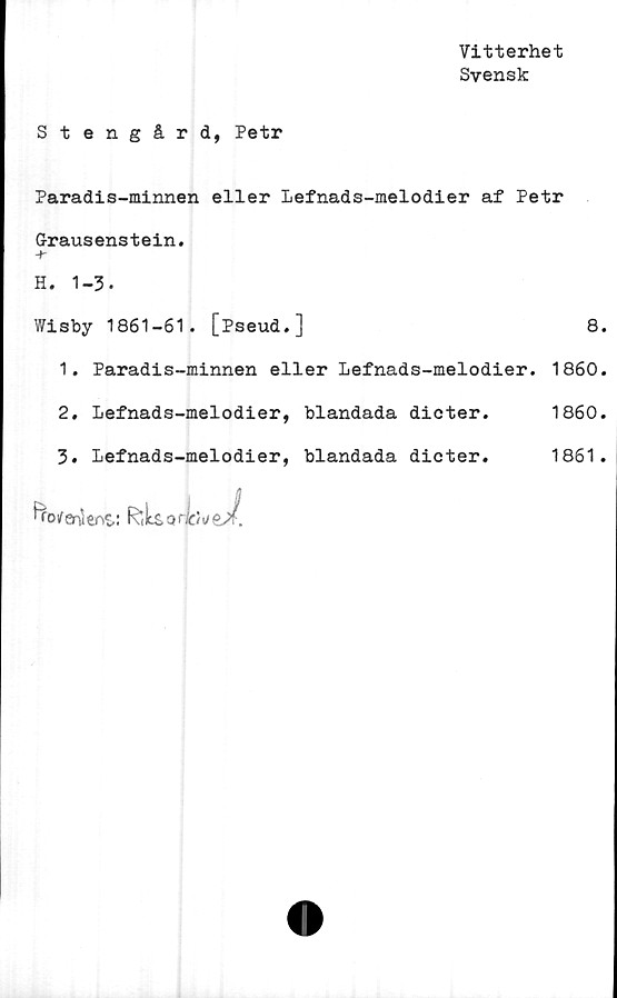  ﻿Vitterhet
Svensk
Stengård, Petr
Paradis-minnen eller Lefnads-melodier af Petr
G-rausenstein.
H. 1-3.
Wisby 1861-61. [Pseud.]	8
1.	Paradis-minnen eller Lefnads-melodier. 1860
2.	Lefnads-melodier, blandada	dieter.	1860
3.	Lefnads-melodier, blandada	dieter.	1861
