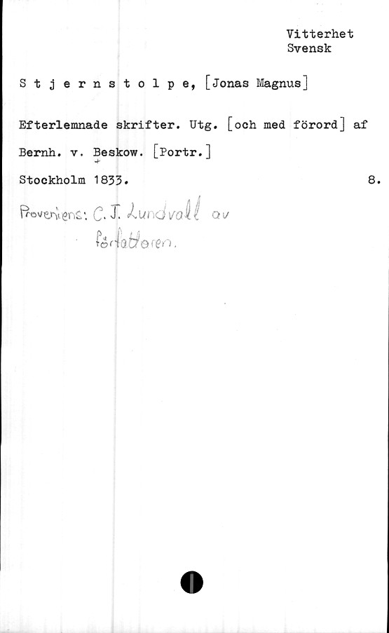  ﻿Vitterhet
Svensk
Stjernstolpe, [Jonas Magnus]
Efterlemnade skrifter. Utg. [och med förord] af
Bernh. v. Beskow. [Portr.]
Stockholm 1833.	8.
C- <bun<d\fi'Al Q*/
feriafåoren.