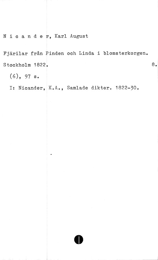  ﻿Nicander, Karl August
Fjärilar från Pinden och Linda i blomsterkorgen.
Stockholm 1822.
(6), 97 s.
Is Nicander, K.A., Samlade dikter. 1822-30.