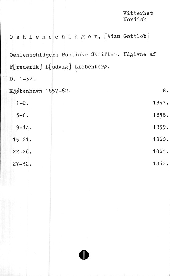  ﻿Vitterhet
Nordisk
Oehlenschläger, [Adam Gottlob]
Oehlenschlägers Poetiske Skrifter. Udgivne af
P[rederik] I»[udvig] Liebenberg.
+ D. 1-32. Kj^benhavn 1857-62.	8.
1-2.	1857.
3-8.	1858.
9-14.	1859.
15-21.	1860.
22-26.	1861 .
27-32.	1862.
O	