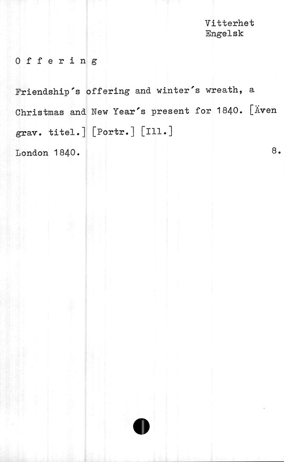  ﻿Vitterhet
Engelsk
Offering
Friendship's offering and winter's wreath,
Christmas and New Year's present for 1840.
grav. titel.] [Portr.] [ill.]
London 1840.
a
[Även
8.