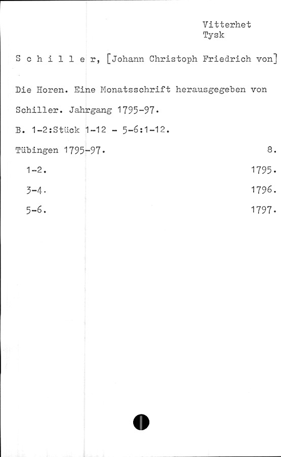  ﻿Vitterhet
Tysk
Schiller, [Johann Christoph Friedrich von]
Die Horen. Eine Monatsschrift herausgegeben von
Schiller. Jahrgang 1795-97*
B. 1-2:Stuck 1-12 - 5-6:1-12.
Tubingen 1795-97*	8.
1-2.	1795*
3-4.	1796.
5-6.	1797*