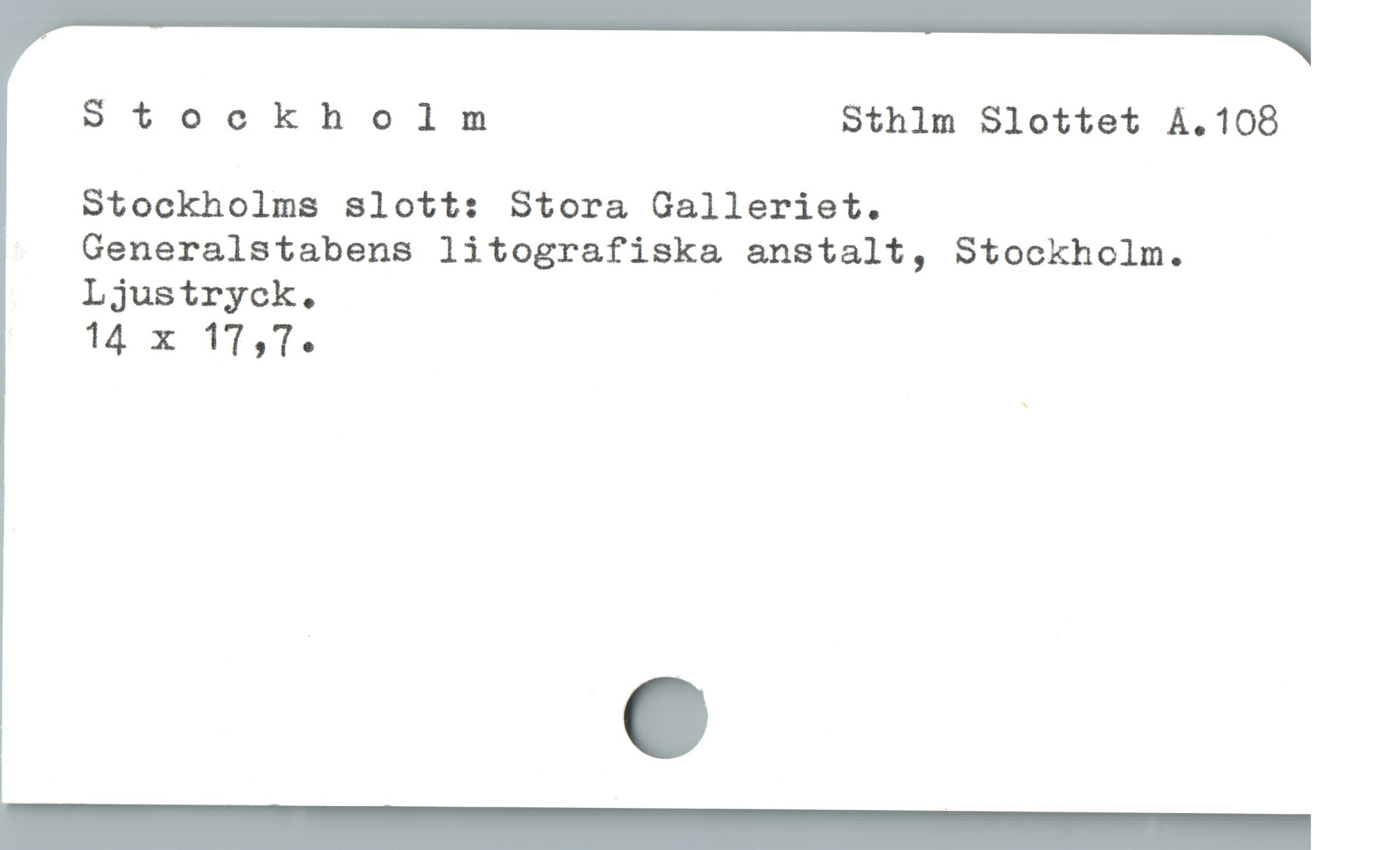  Stockholm Sthlm Slottet A.108
Stockholms slott: Stora Galleriet.

Generalstabens litografiska anstalt, Stockholm.
Ljustryck.
