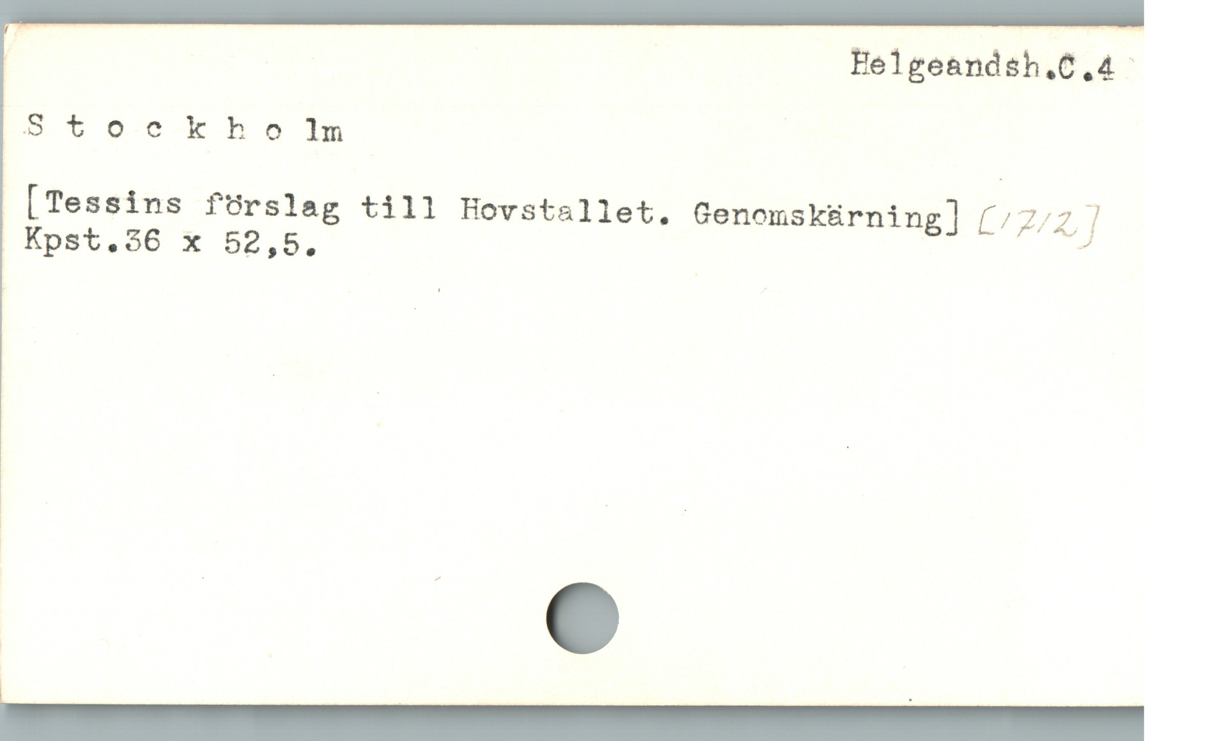  Helgeandsh.6.4:
Stocokho ln |

 [Tessins förslag till Hovstallet. Genomskärning] (/2/2 ]

_ e
