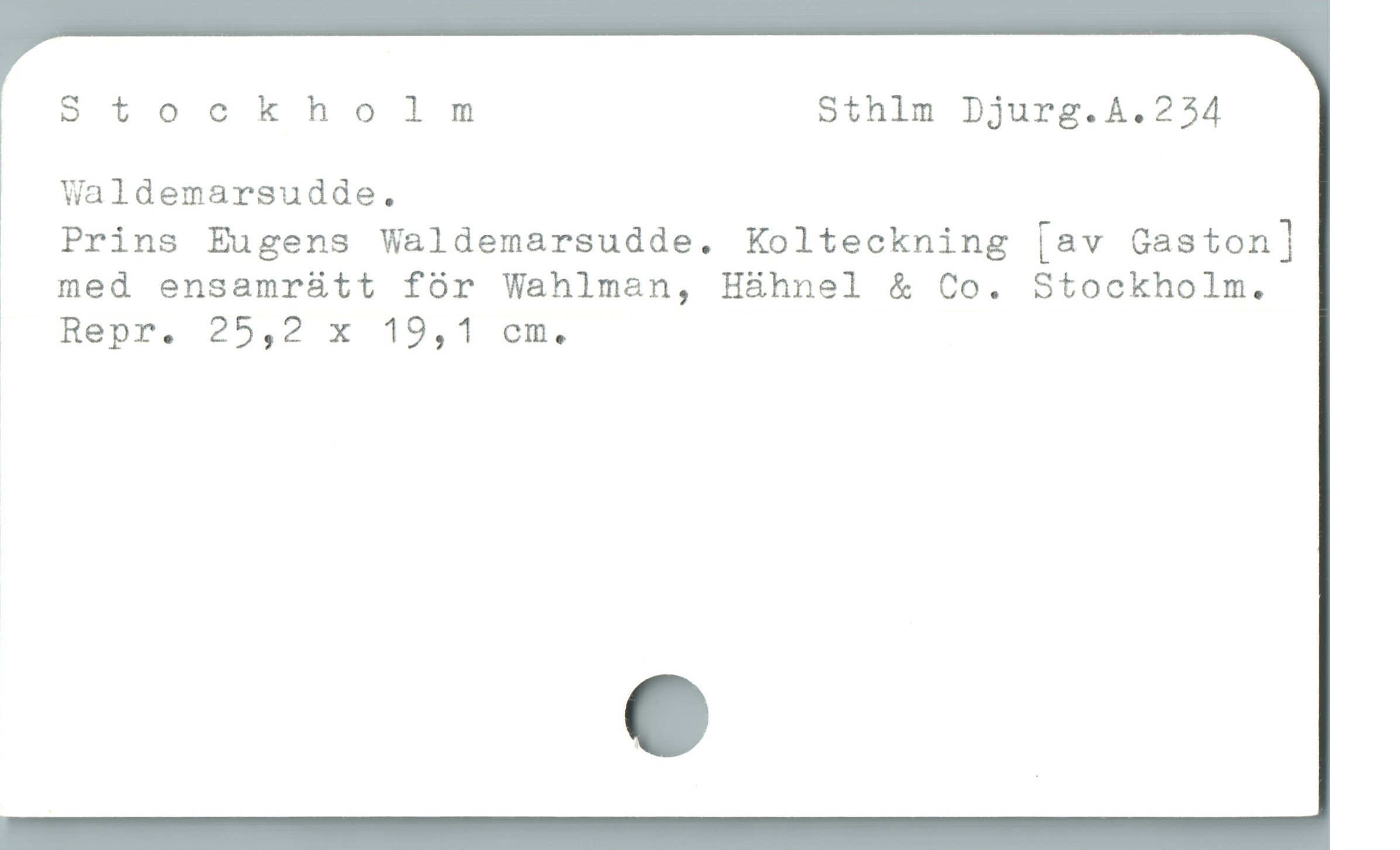  Stockholm Sthlm Djurg.A.234
Waldemarsudde.
.  Prins Eugens Waldemarsudde. Kolteckning [av Gaston]
. med ensamrátt fór Wahlman, H&ühnel & Co. Stockholm.
| Repr. 25,2 x 19,1! cm.

