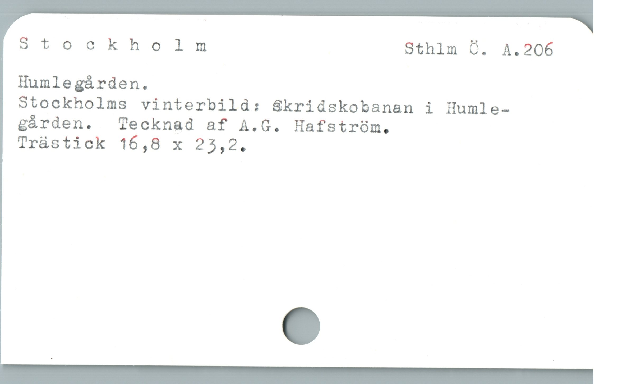 Stockholm Sthim O. A.206
Humlegárden.

Stockholms vinterbild: Skridskobanan i Humle-
g&rden.  Tecknad af A.G. Hafstróm.

Trüstick 16,8 x 25,2.
