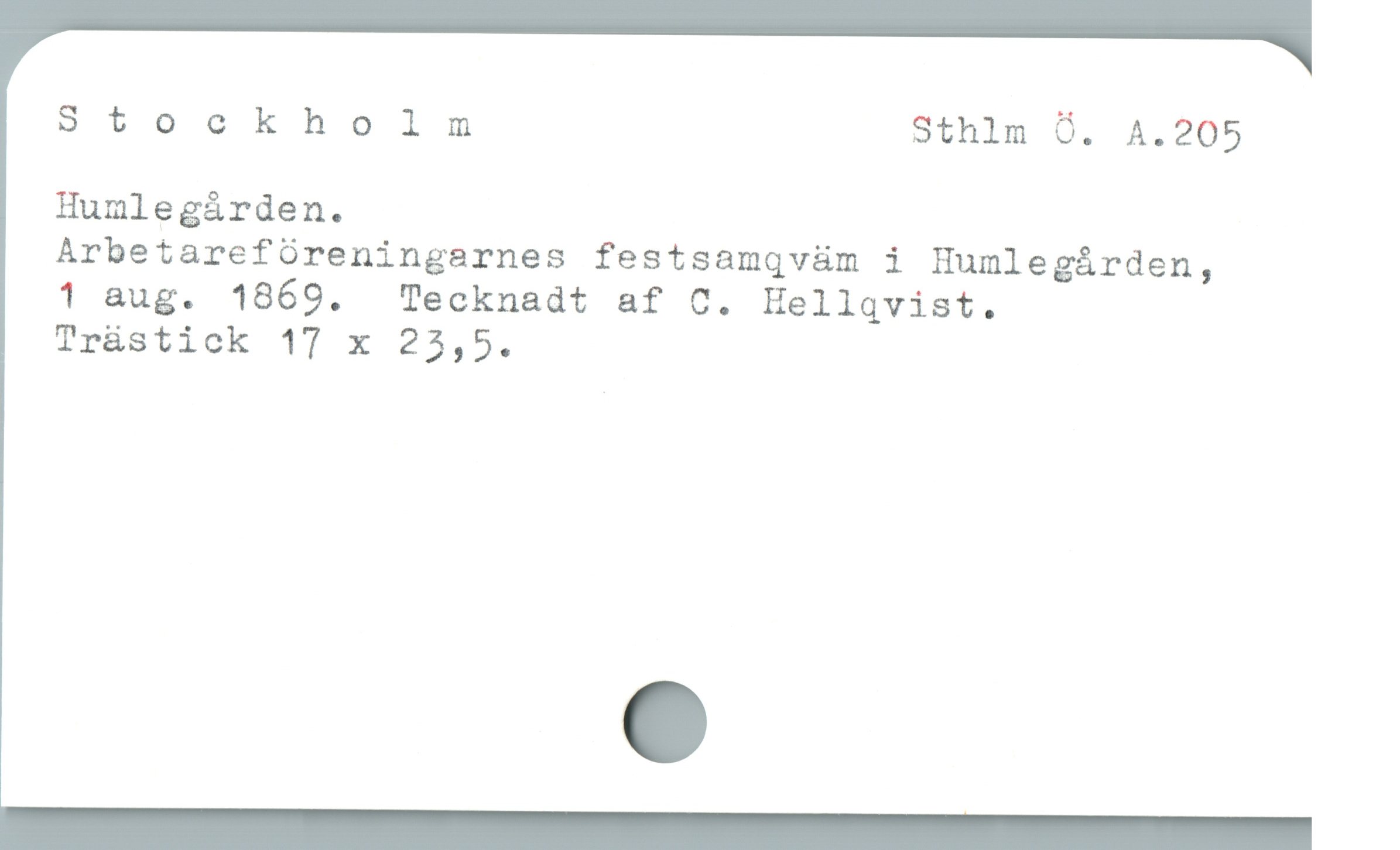  Stockholm Sthlm O. A.205
Humlegárden.

ArbetarefOreningarnes festsamqvàm i Humlegárden,
1 aug. 1869.  Tecknadt af C. Hellqvist.

Trüstick 17 x 23,5.
