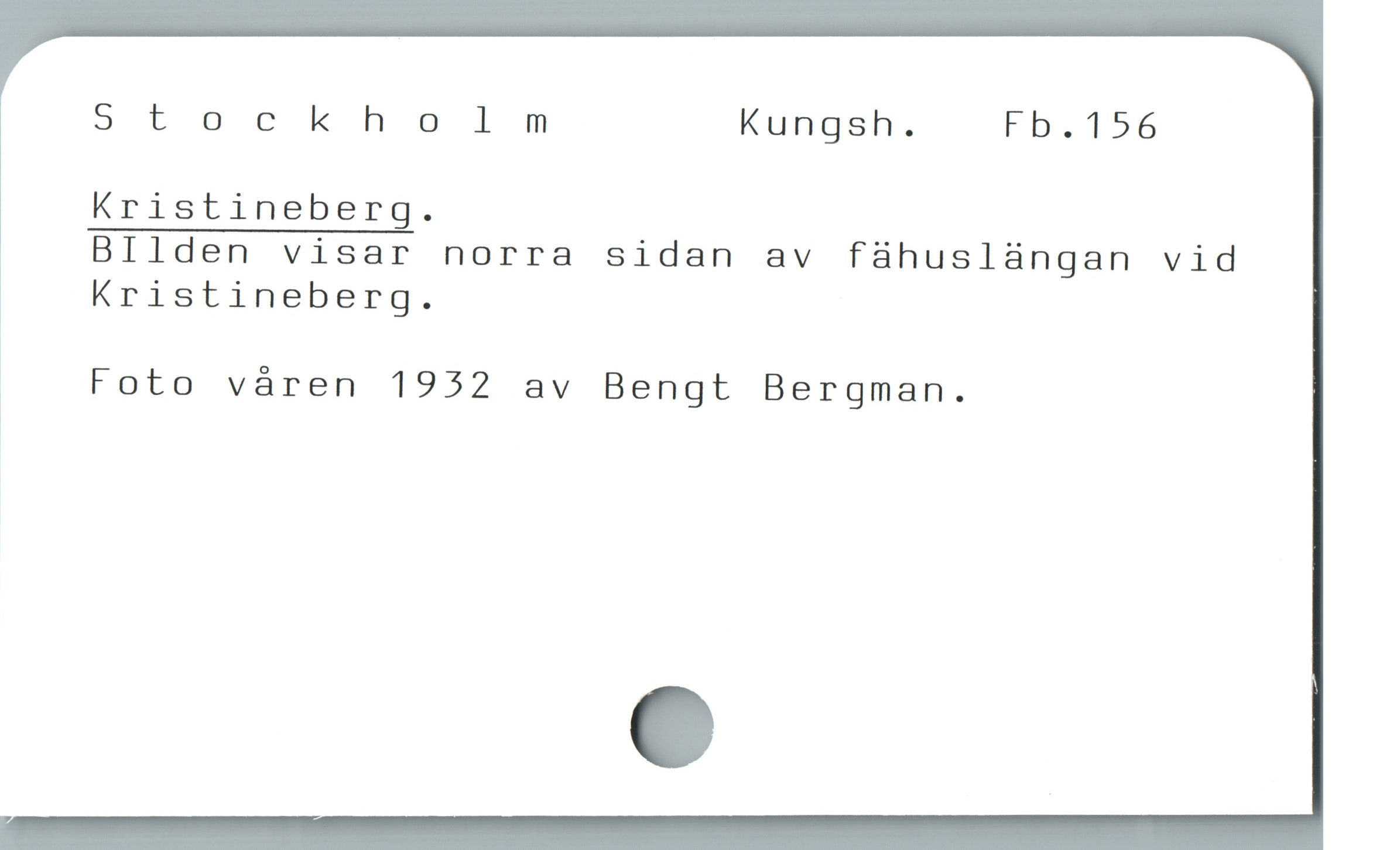  St ockholm Kungsh. Fb.156
Kristineberg.
BIlden visar norra sidan av fühuslàüngan vid
Kristineberg.

Foto váren 1952 av Bengt Bergman.
