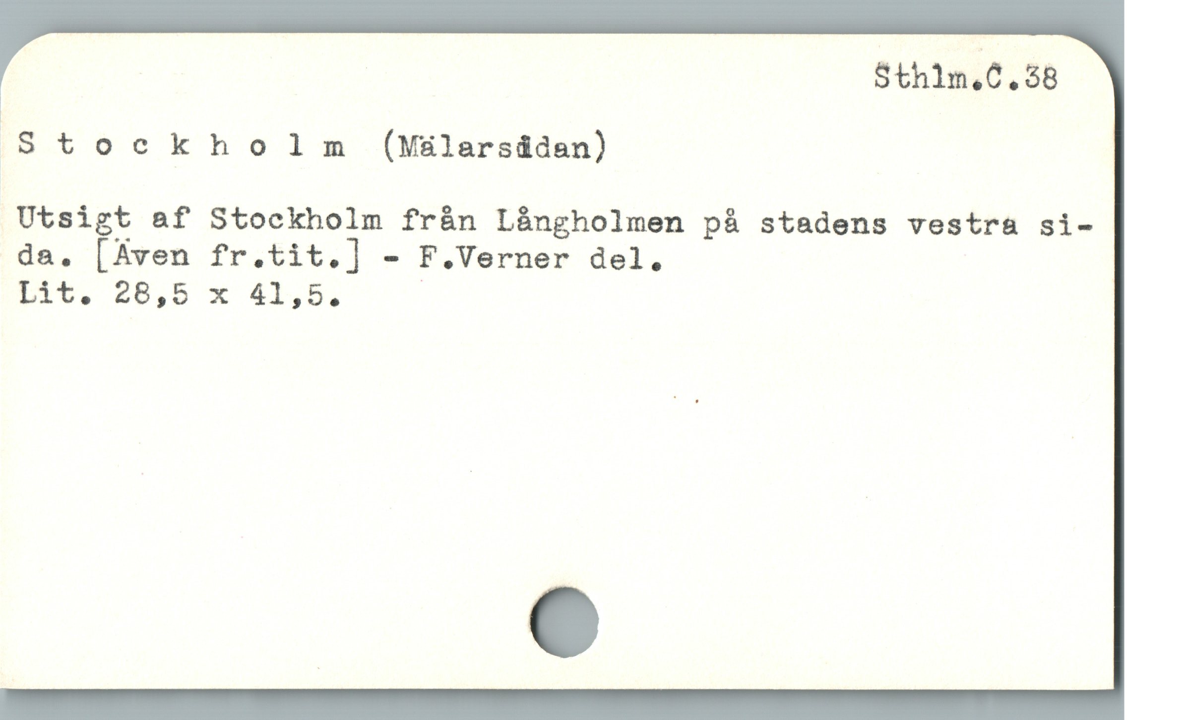  Stockholm (Malarsáden)

Utsigt af Stockholm från Långholmen på stadens vestra si-
da. [Aven fr.tit.] - F.Verner del. |
Lit. 28,5 x 41,5, |
