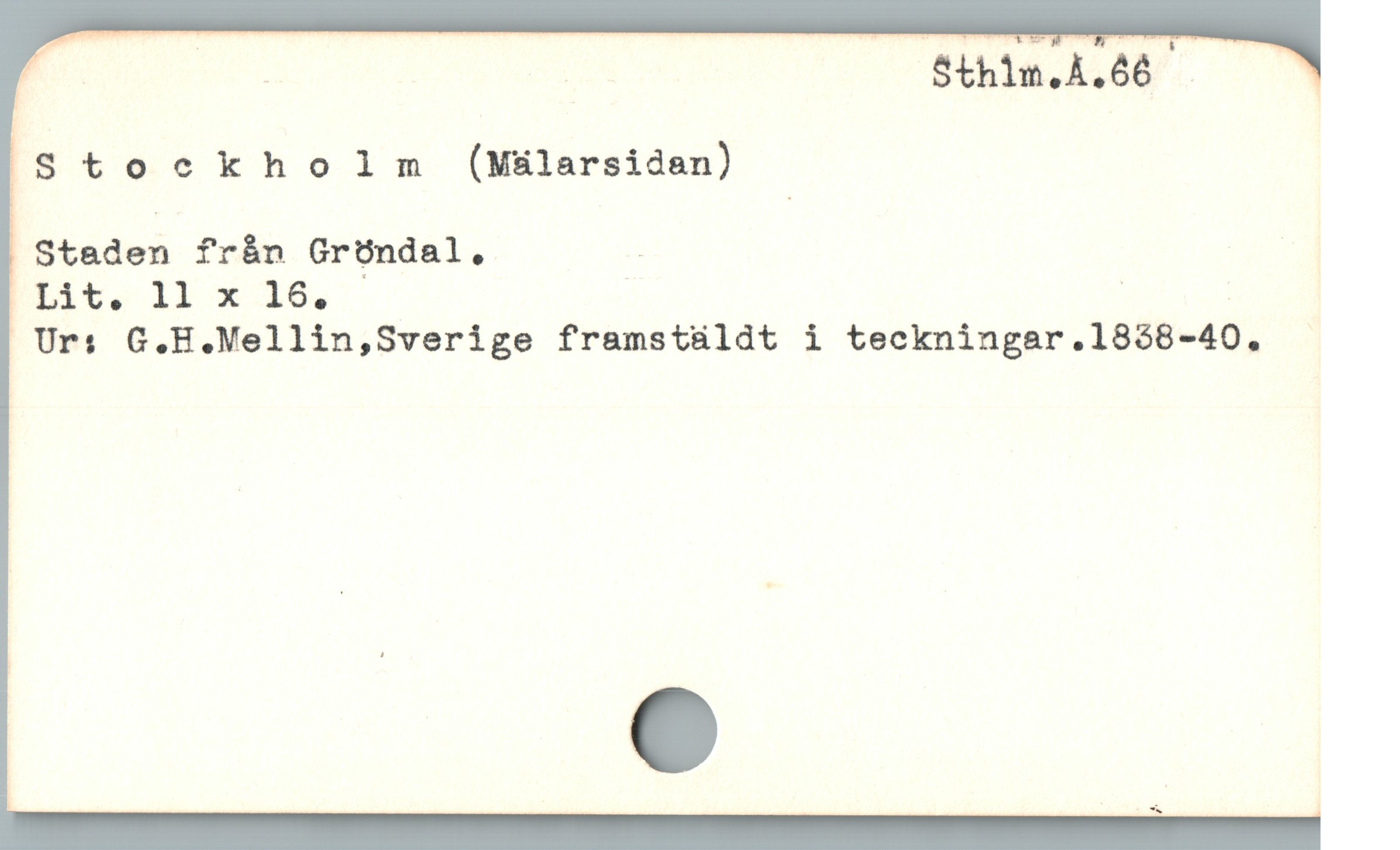  B B Sthin. A. 66
Stockhodlm (Milarsidan)

Staden från Gründal, ; D
fåt, 11 x 10,. | | : |
Ur; G.H.Mellin,Sverige framstäldt i teckningar.1858-40. -
