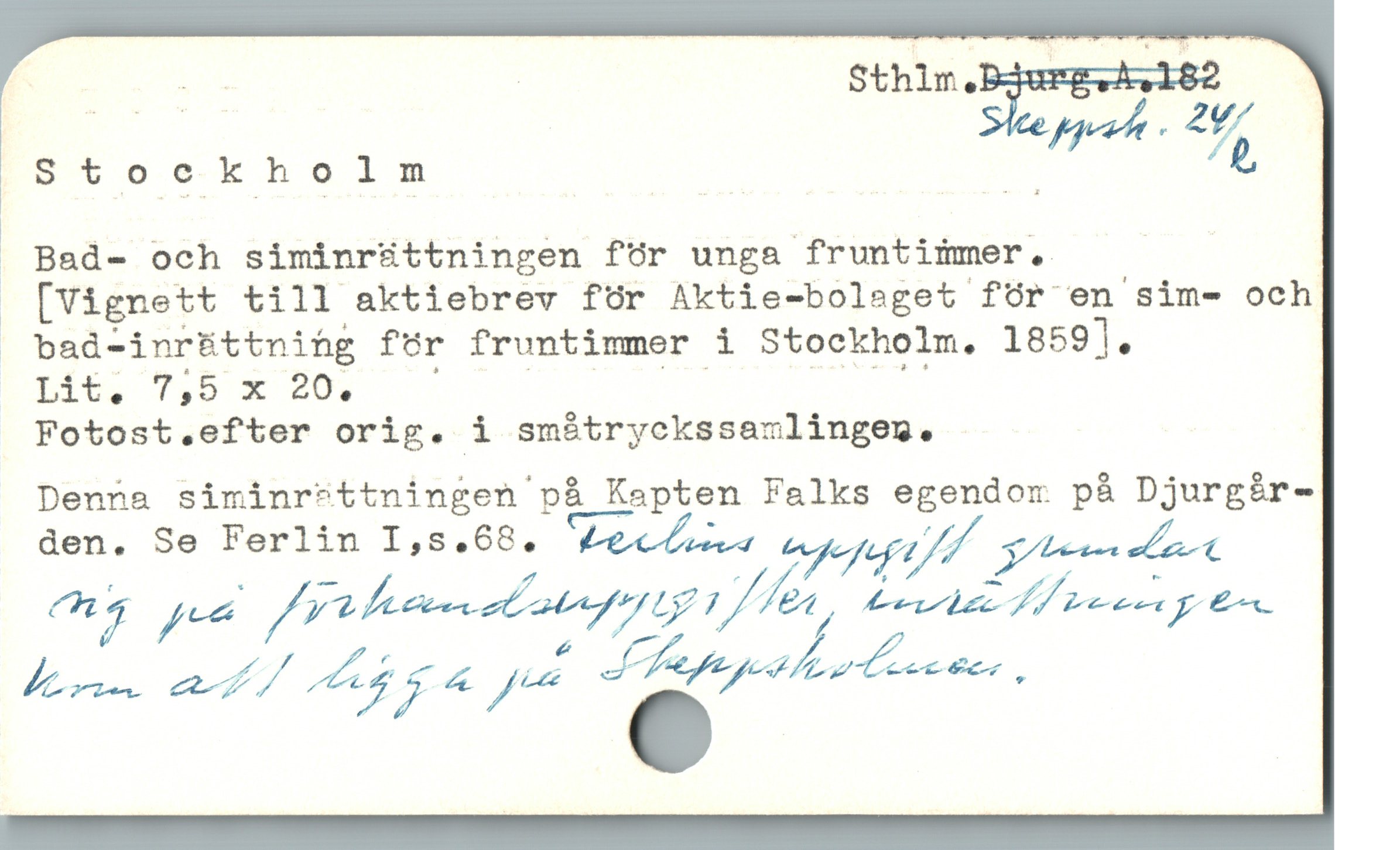  $toeckholm r R,
. Bad- och siminrättningen för unga fruntiimer.
 [Vignett till aktiebrev für Aktie-bolaget för en sim- och
" bad-inrüttnihg für fruntimmer i Stockholm, 1859].
pmu hb EE — —— ' B
Fotost.efter orig. i småtryckssamlingen .
Denna& éiminrättningen'p%____Kapten Falks egendor på Djurgér-
den. Se Ferlin I,5.68. FLecluu uppfrfl stasder
| oca på at
