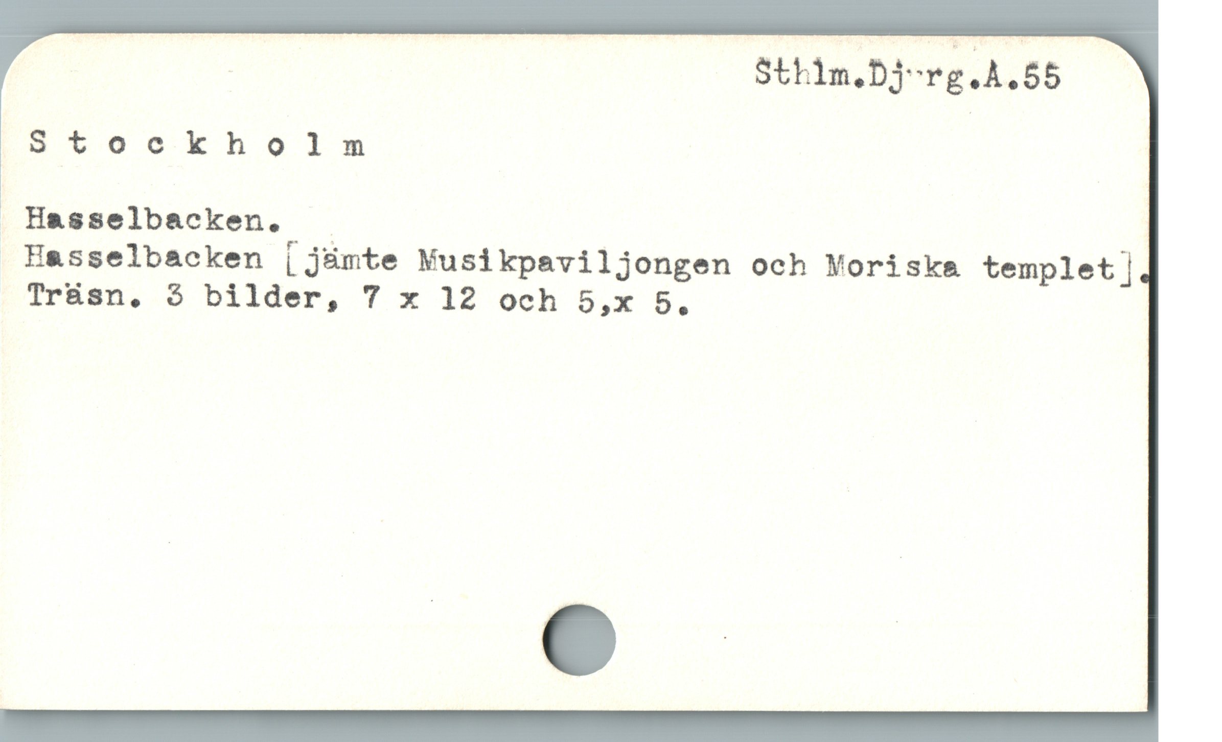  Sthlm.Dj-rg.A.55
Stockholm
 Hasselbacken. ; :
 Hasselbacken [ jämte Musikpaviljongen och Voriska templet |
Trüsn, $ bilder, 7 x 12 och 5,x 5,.

