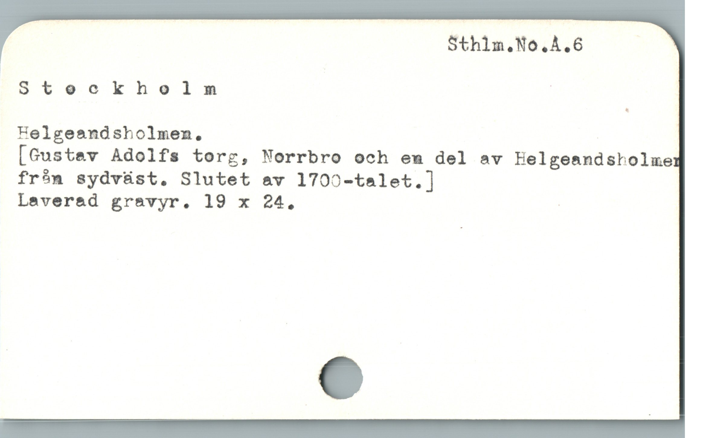  Stockholm |
Helgeandsholmen., |
[Gustev Adolfs torg, Norrbro och em del av Helgeandsholme
från sydvüst. Slutet av 1700-talet.]

Laverad gravyr. 19 x 24, -
