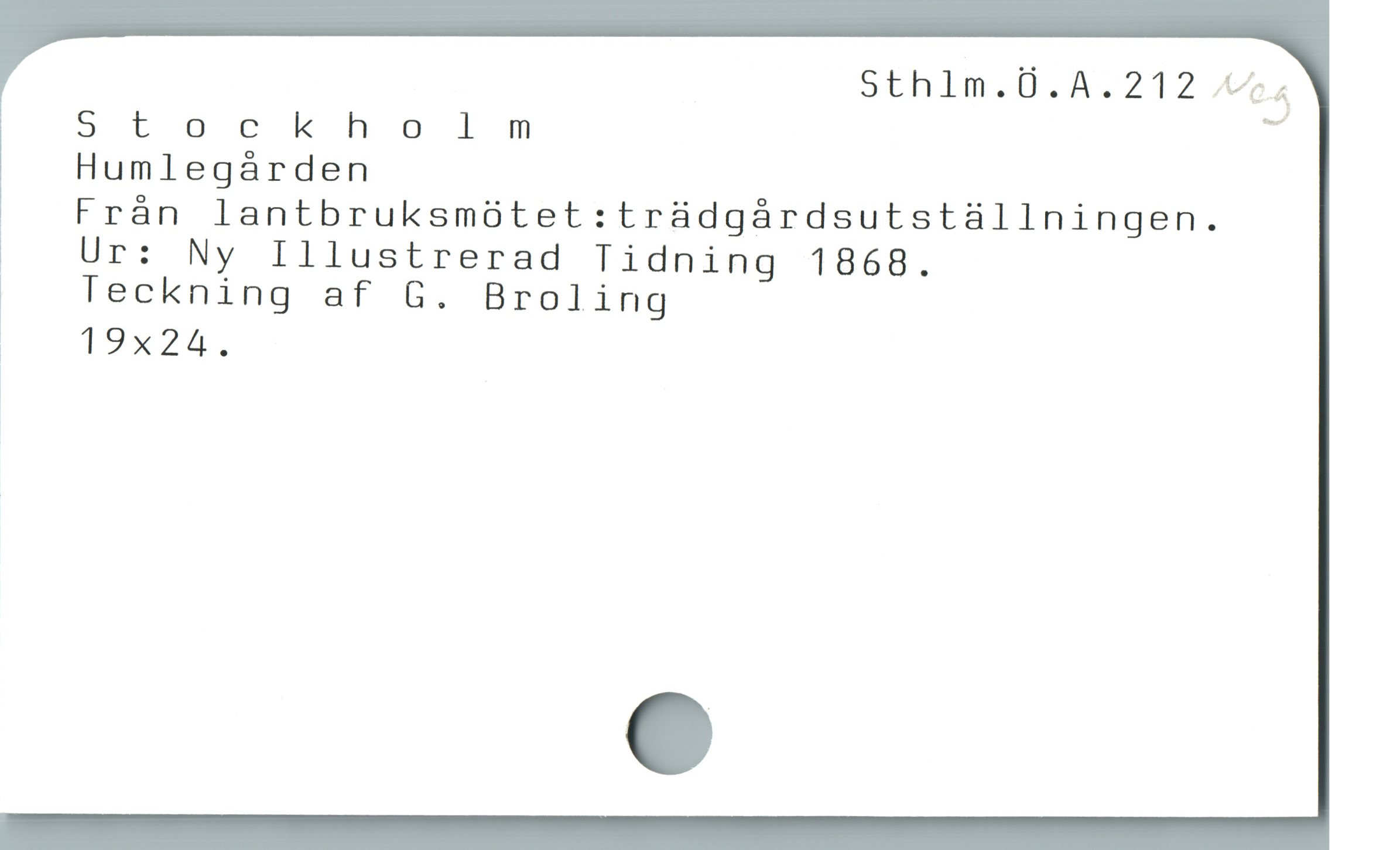  Sthlm.Ö.A.212 Mos
Stockholm -
Humlegården
! Frán lantbruksmótet:tr&üdgárdsutstüllningen.
| J Ur: Ny Illustrerad Tidning 1868.
Teckning af G. Broling
ï 19x73 58
