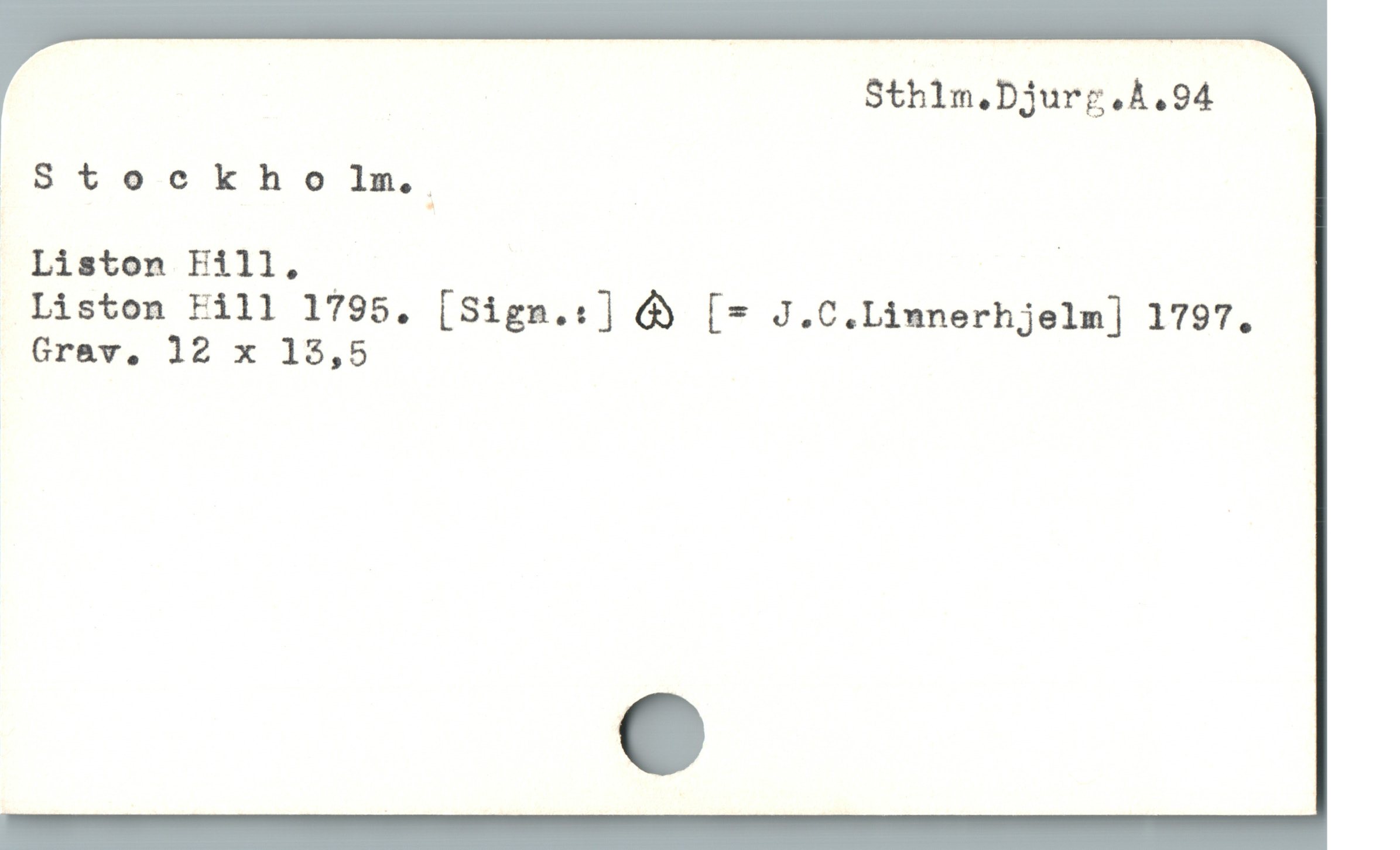  ;Stockholm.;
Liston Eill, | |
Liston Fill 1795,. [Sign.:] & [= J.C.Limnerhjelm] 1797.
Grav, 12 x 15,5
