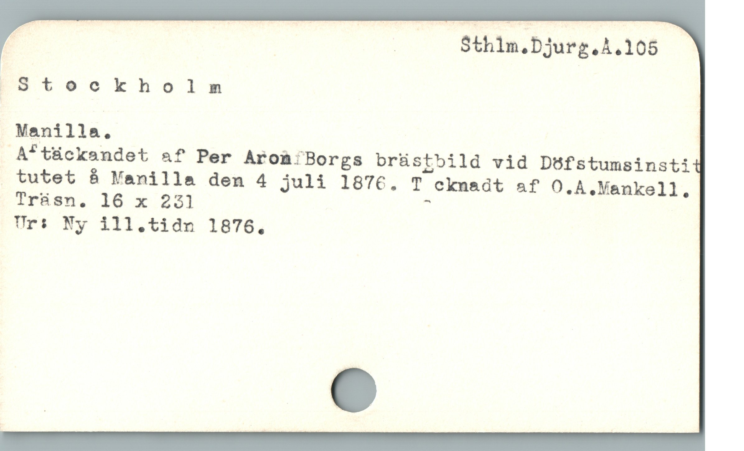  , As | | — — Sthin.Djurg.4.108
|ISteckholnm

Manilla, ;
A^tückendet af Per ArohiBorgs brästbild vid Döfstumsinsti
, tutet å Manilla den 4 juli 1876. T cknadt af O.A.Vankell,
Tprüsh. 16 x 251 p

Ur: Ny ill.tidn 1876.
