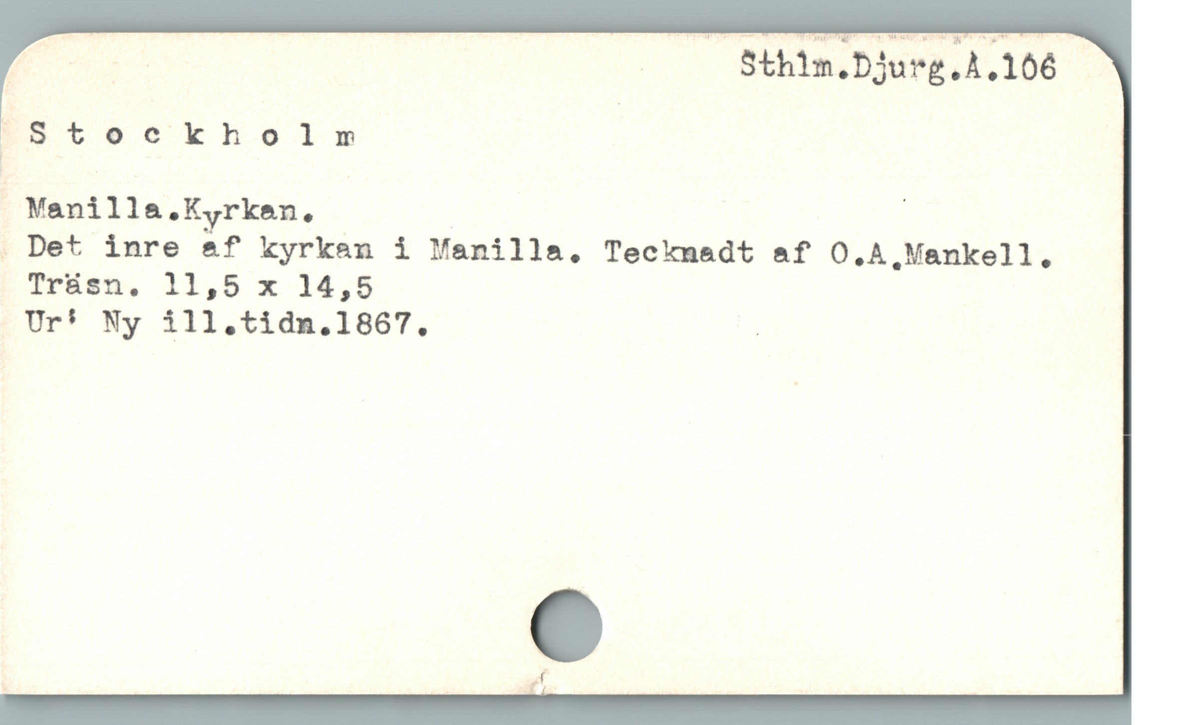  E o — 00 Sthim.Djurg.A.106
*5toe€eknholnm
 Venilla.Kyrken, |
. Det inre &f kyrkan i Yanill&, Tecimadt af O.A Mankell.
Trásn, 11,5 x 14,8
Ur* Ny i1ll.tidn.1867. |
