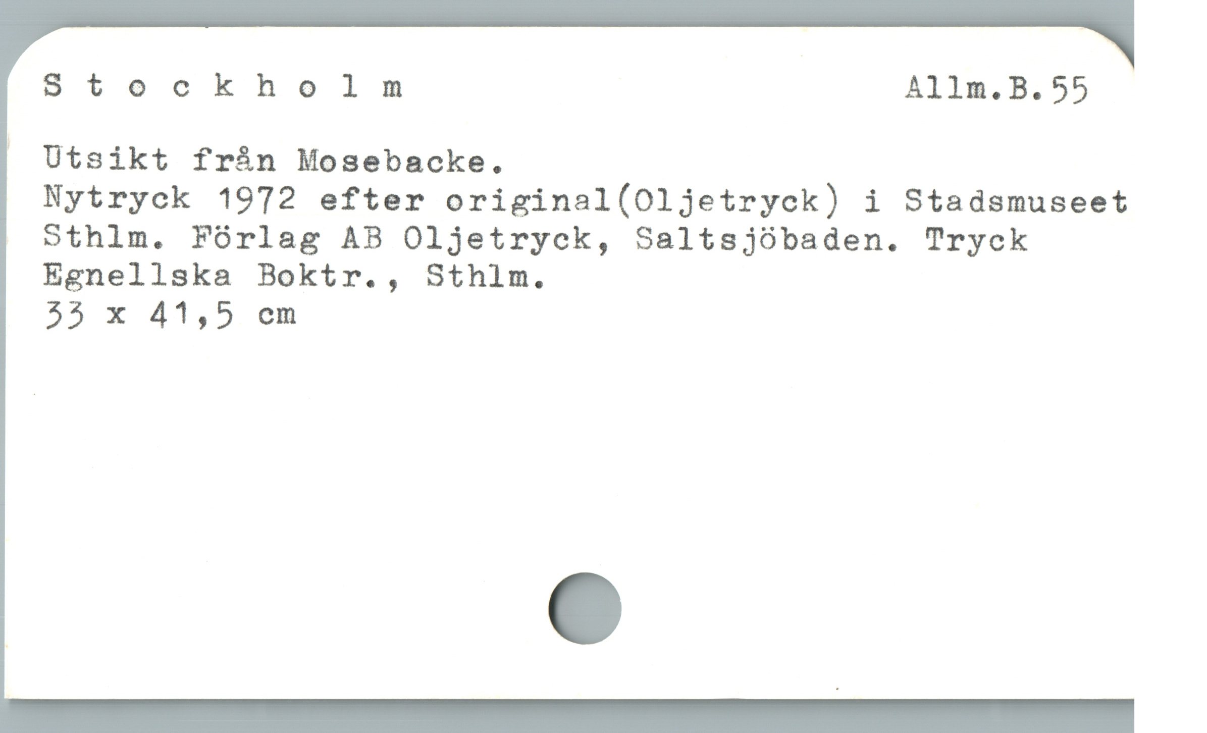  Stockholm Allm.B.55

| Utsikt fràn Mosebacke.
Nytryck 1972 efter original(Oljetryck) i Stadsmuseet
Sthlm. Fórlag AB Oljetryck, Saltsjóbaden. Tryck
Egnellska Boktr., Sthlm.
55 x 41,5 em
