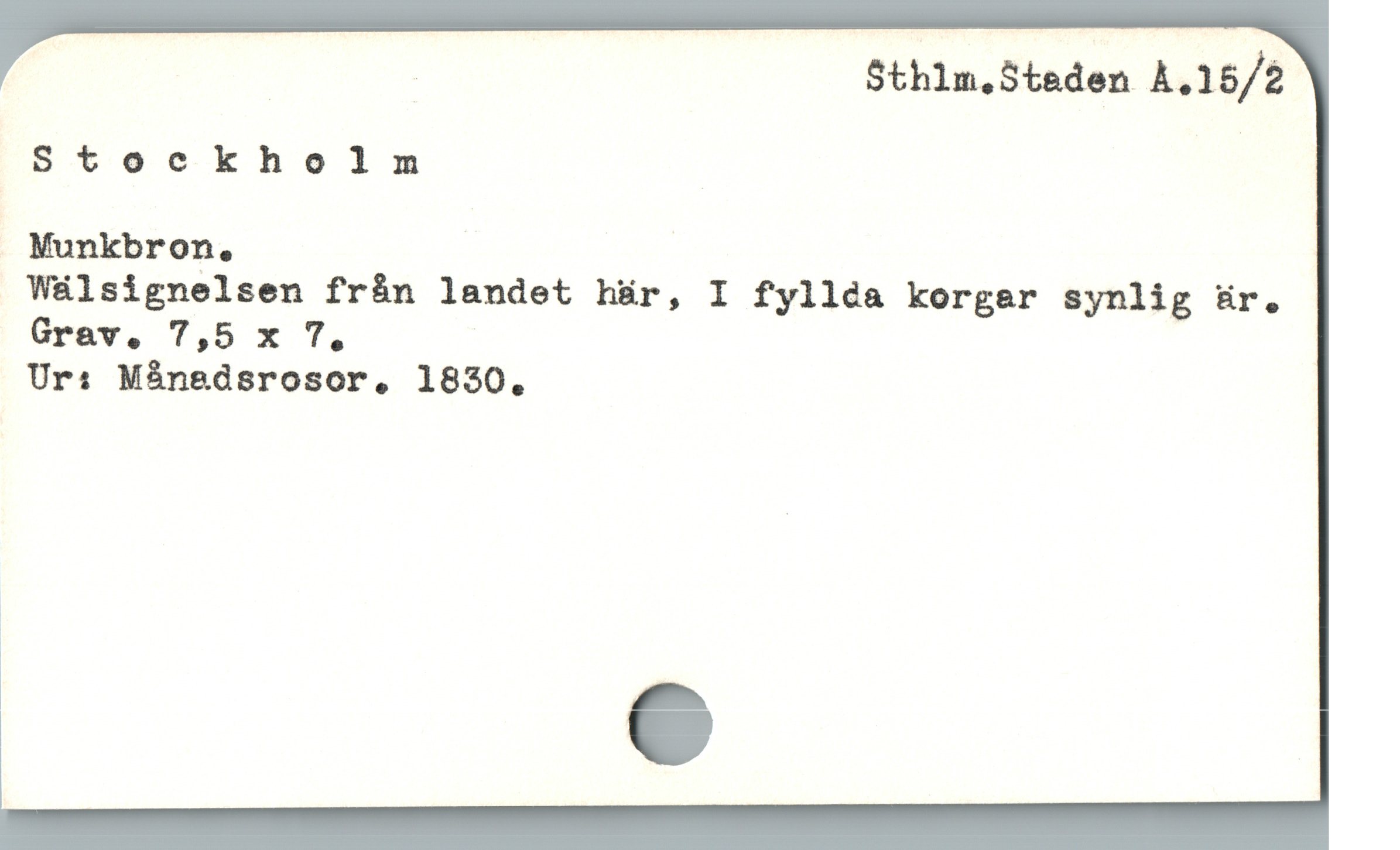  _ Sthlm,Steden A.15/2
Stockholm
” Munkbron, |
Wálsignelsen från landet här, I fyllda korger synlig &ür.
Grav. 7,5 x 7,
Ur: Máng&dsrosor, 1830,
