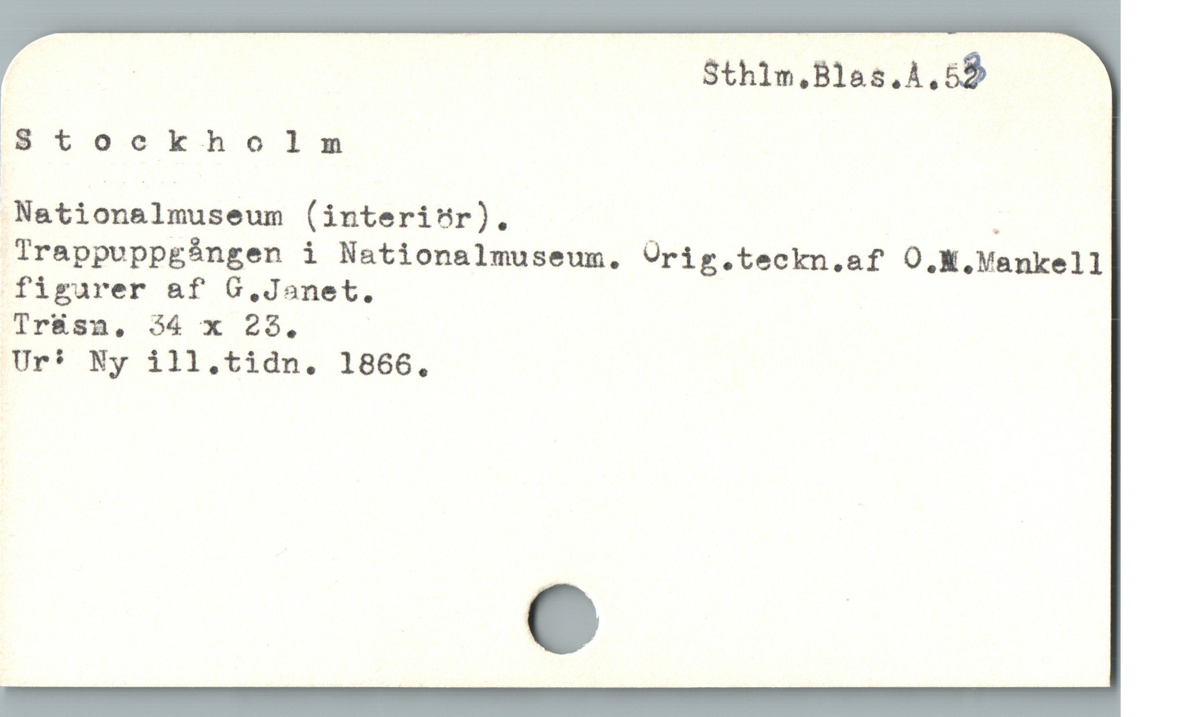  . Sthln,Blas.A,59
8toekholm
Nationalmuseum (interi'r). i
TrappuppgÀngen i Nationalmuseum. Ürig.teckn.af O.M.Vankell
figurer &f G.Janet.
Träsn, 34 x 295.
rt Ny ill,.tidn. 1866,
