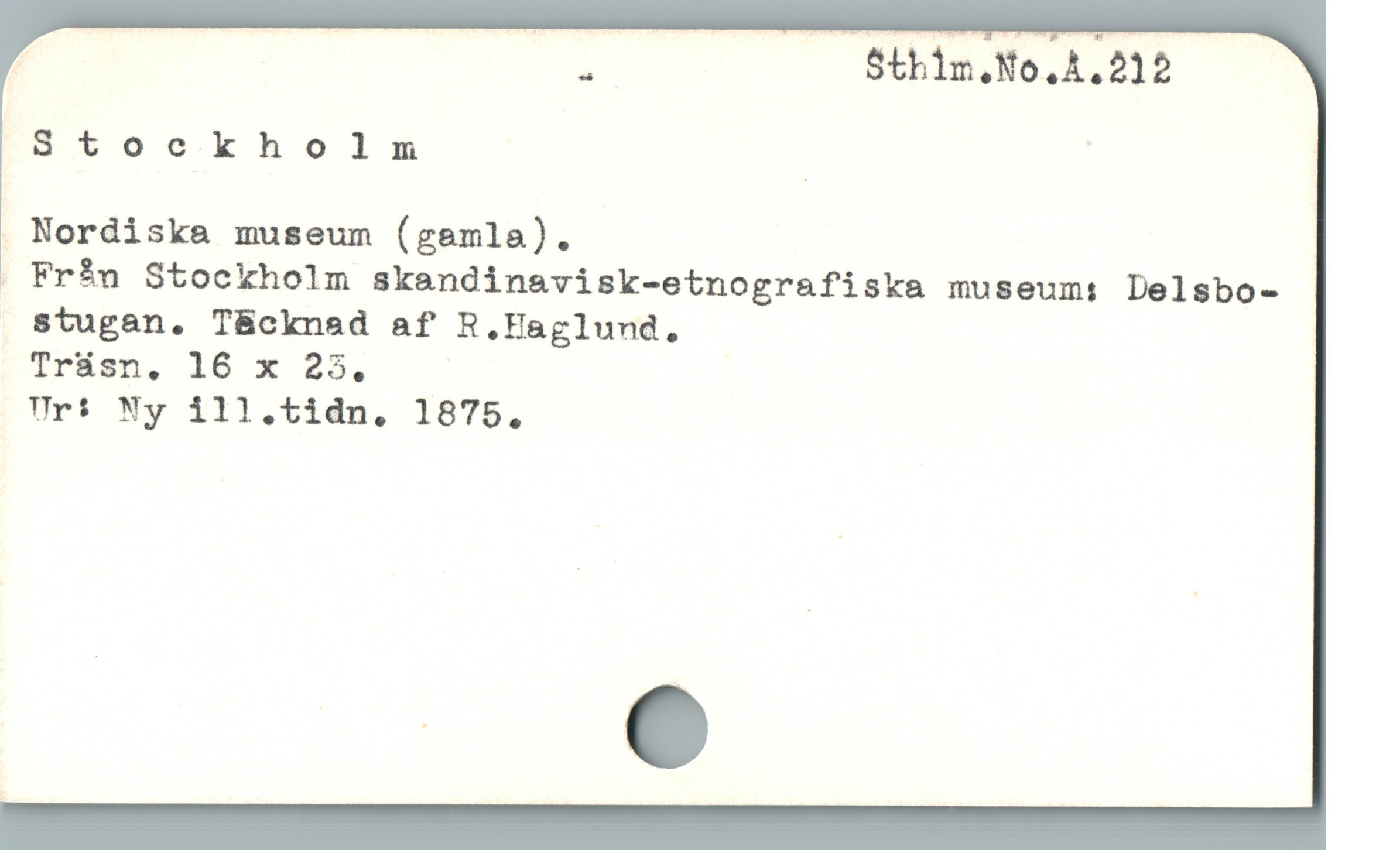  , | N Sthim.No.A.212
Stockholm |

. Nordiska museum (gamla).

» Frán Stockholm skandinavisk-etnografiska museum: Delsbo-
stugan. T&ckned af R.Haglund,

Trisn, 16 x 25,

Ur* Ny ill.tidn. 18765.
