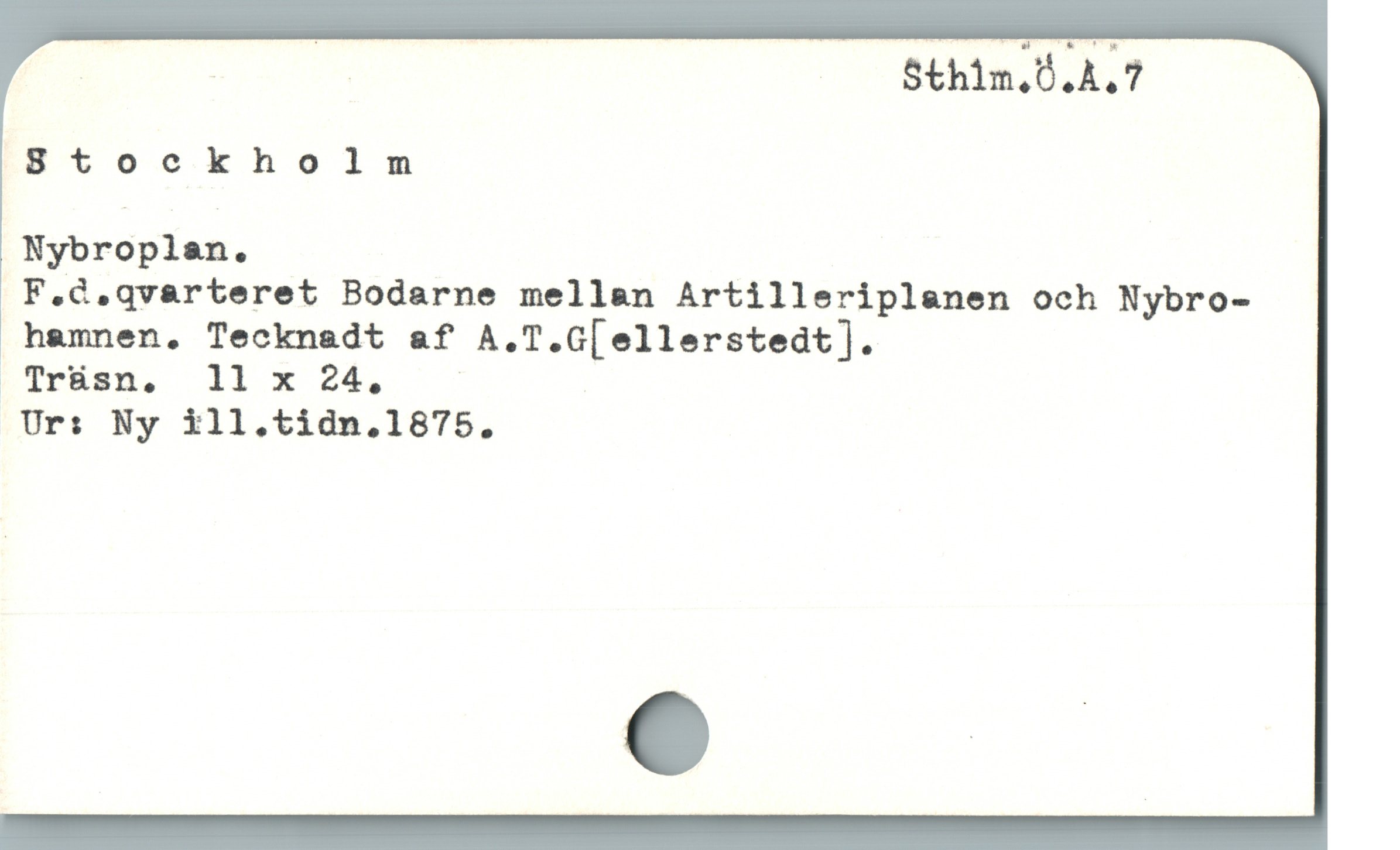  AN — Sthim.ö.A.7
8Stockholm
Nybroplan.
F.d.qvarteret Bodarne mellan Artilleriplanen och Nybro-
hamnen, Tecknadt af A.T.G[ellerstedt].
LTrüswm, 11 x ?4,
Ur: Ny Xill.tidn.1875.

