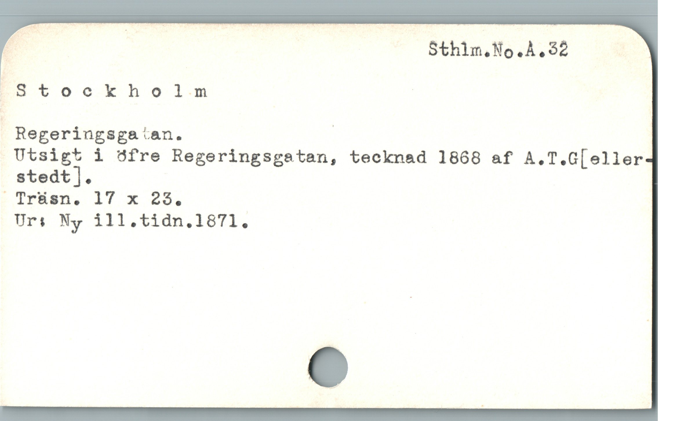  F Sthlm.No.Å.32 |
FStookholm |
; Regeringsgatan. |
 Utsigt i Bfre Regeringsgatan, tecknad 1868 &f A,.T.G[eller
stedt].
" Trüisn. 17 x 293.
Uri Ny ill.tidn.1871.
