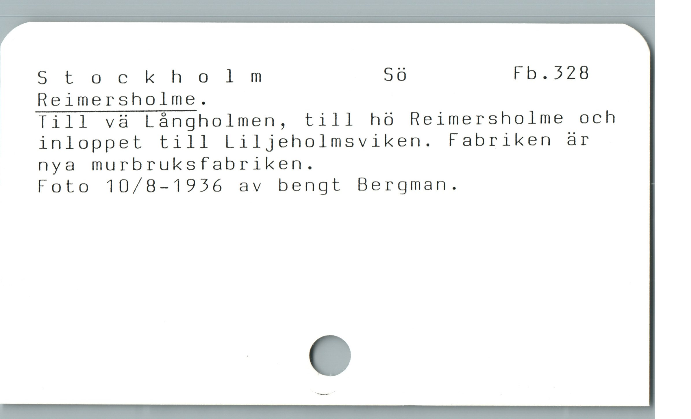  Stockholm Sö Fb.528

| Reimersholme.

* Till vä Långholmen, till hö Reimersholme och
inloppet till Liljeholmsviken. Fabriken är
nya murbruksfabriken.

Foto 10/8-1956 av bengt Bergman.
