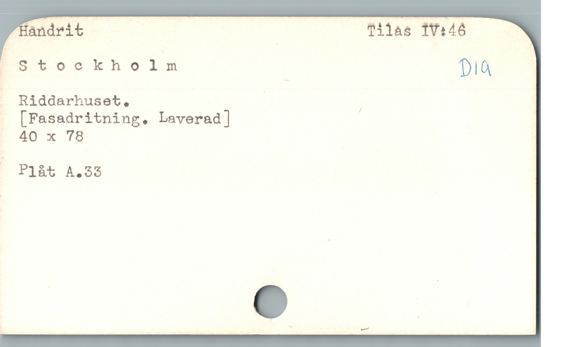  F EG .
EStockholn DIA
Riddarhuset, | | ;

. [Fasadritning. Laverad ]

. 40 x 78

! Plàt A.23
