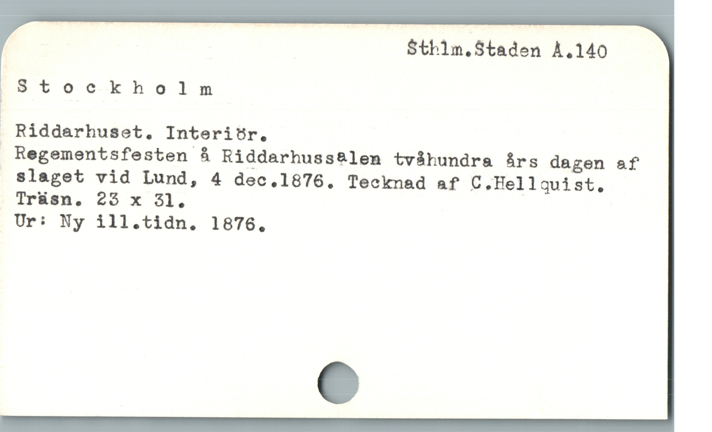  | | $thim.Staden A.140
Stockholm
ï Riddarhuset, InteritUr.
Regementsfesten å Riddarhuss&len tv&hundra árs dagen af
 Slaget vid Lund, 4 dec.1876. Tecknad af C.Hellquist.
| Trian, 25 x 31,
. Ur: Ny ill.tidn. 16876.
