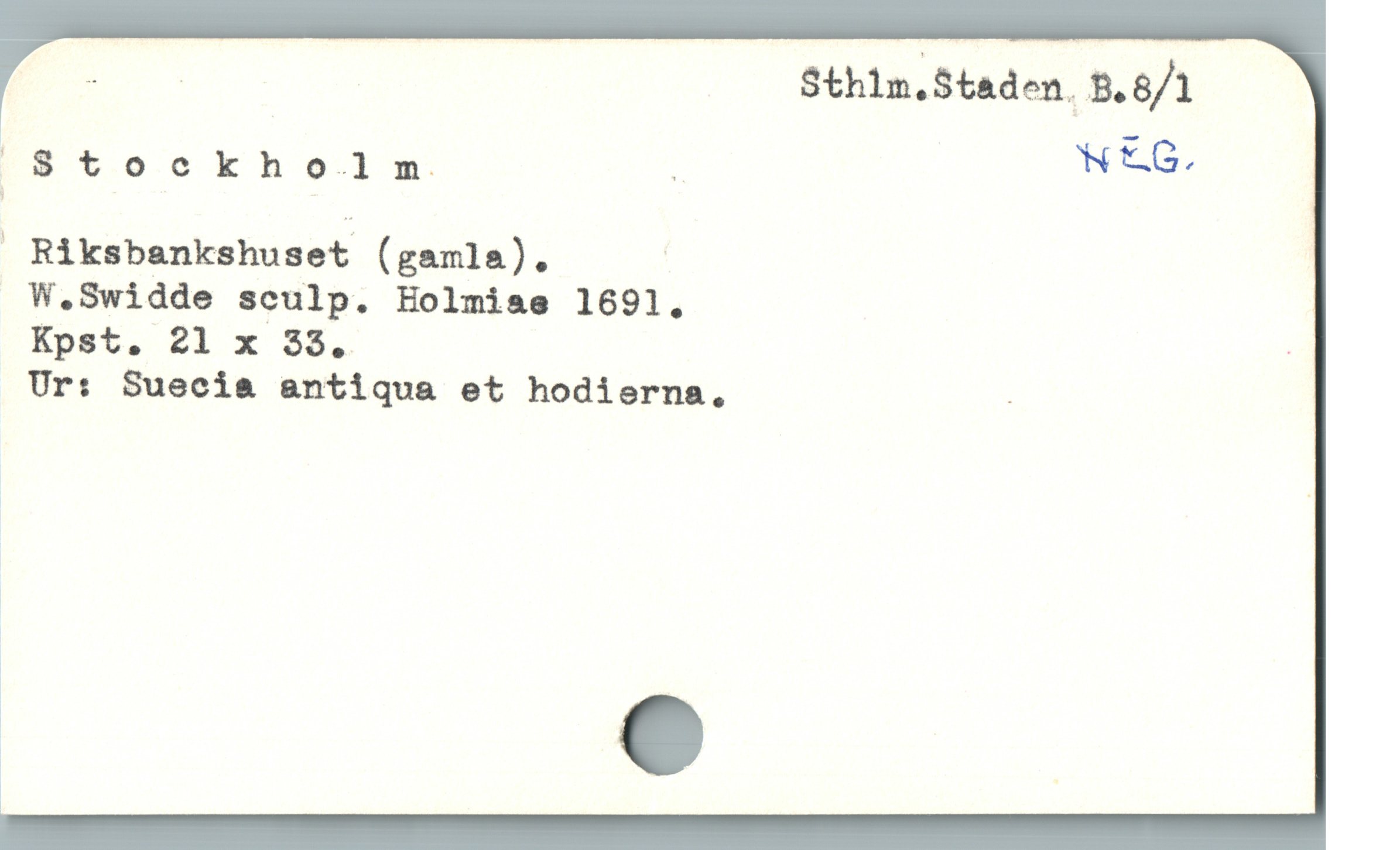  E Sthlm.Staden. B.8/1
Stockholm å NEC. |
 Riksbankshuset (gamla). |
 W.Swidde sculp. Holmiae 1691.

Kpst. 21 x 38. |
Ur: Suecia antiqua et hodierna. é
! ;
