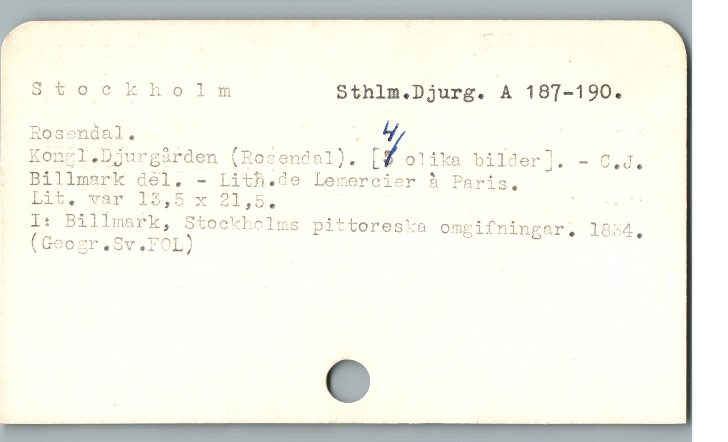  "* uoerhoi:d Sthlm.Djurg. A 187-190.
Rosendal. UE ; | N
. Kongl.Djurgàrden (Rosendal). [5/01 ika bilder]. - C,J,
|. Billmsrk dél. - Lith.de Lemercier å Paris,
P Lit. var 15,5 x 21,5. | | UR
I: Billmark, Stockholms pittoreska omgifningar, 1834,
(Geogr.Sv.FOL)

