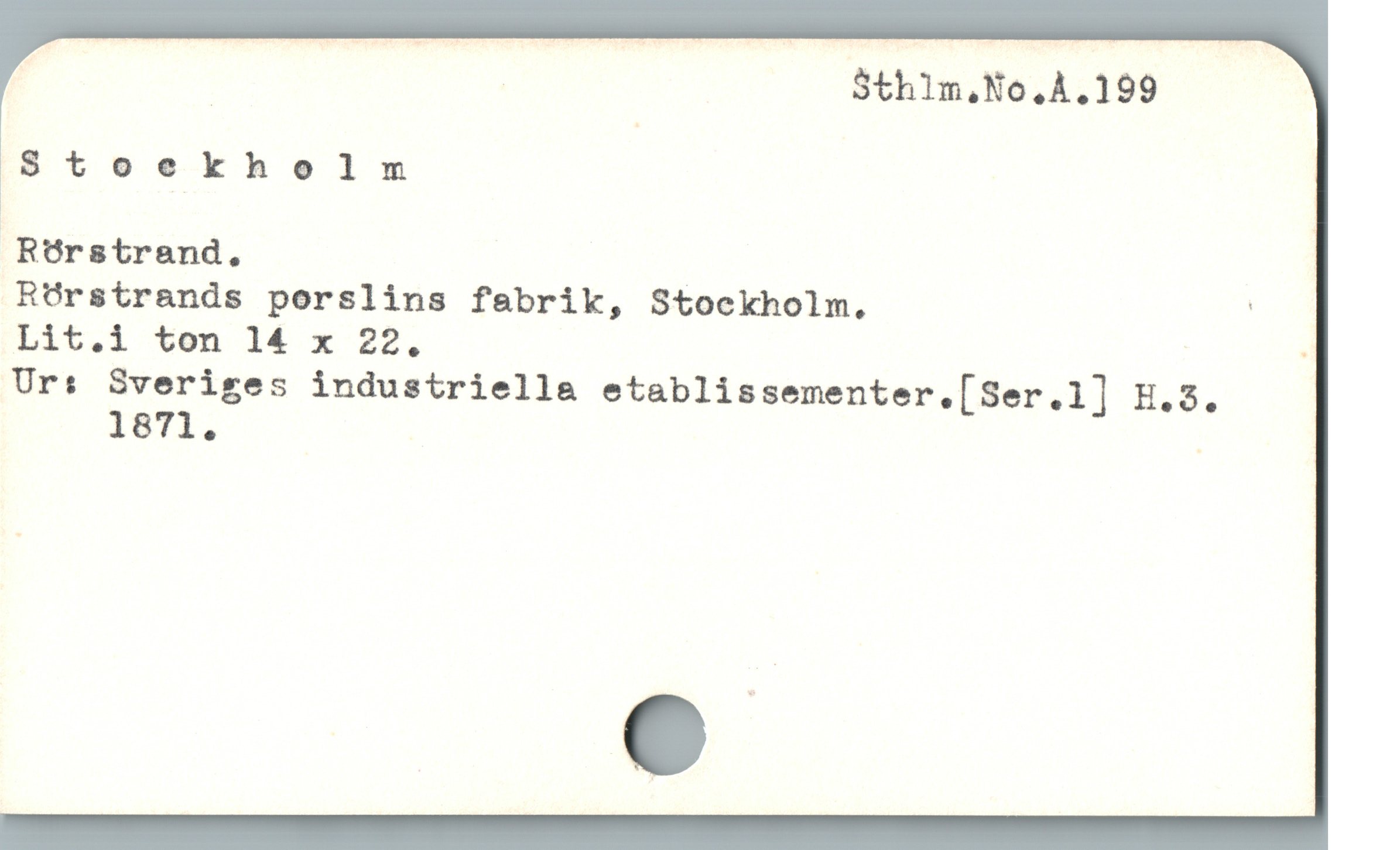  | Sthilm.No.Å.199
Stoekholm
ïRöratrand.
RÜrstrands porslins fabrik, Stockholm. |
Ur: Sveriges industriella etablissementer.[Ser.1] H.3.
1871. .
