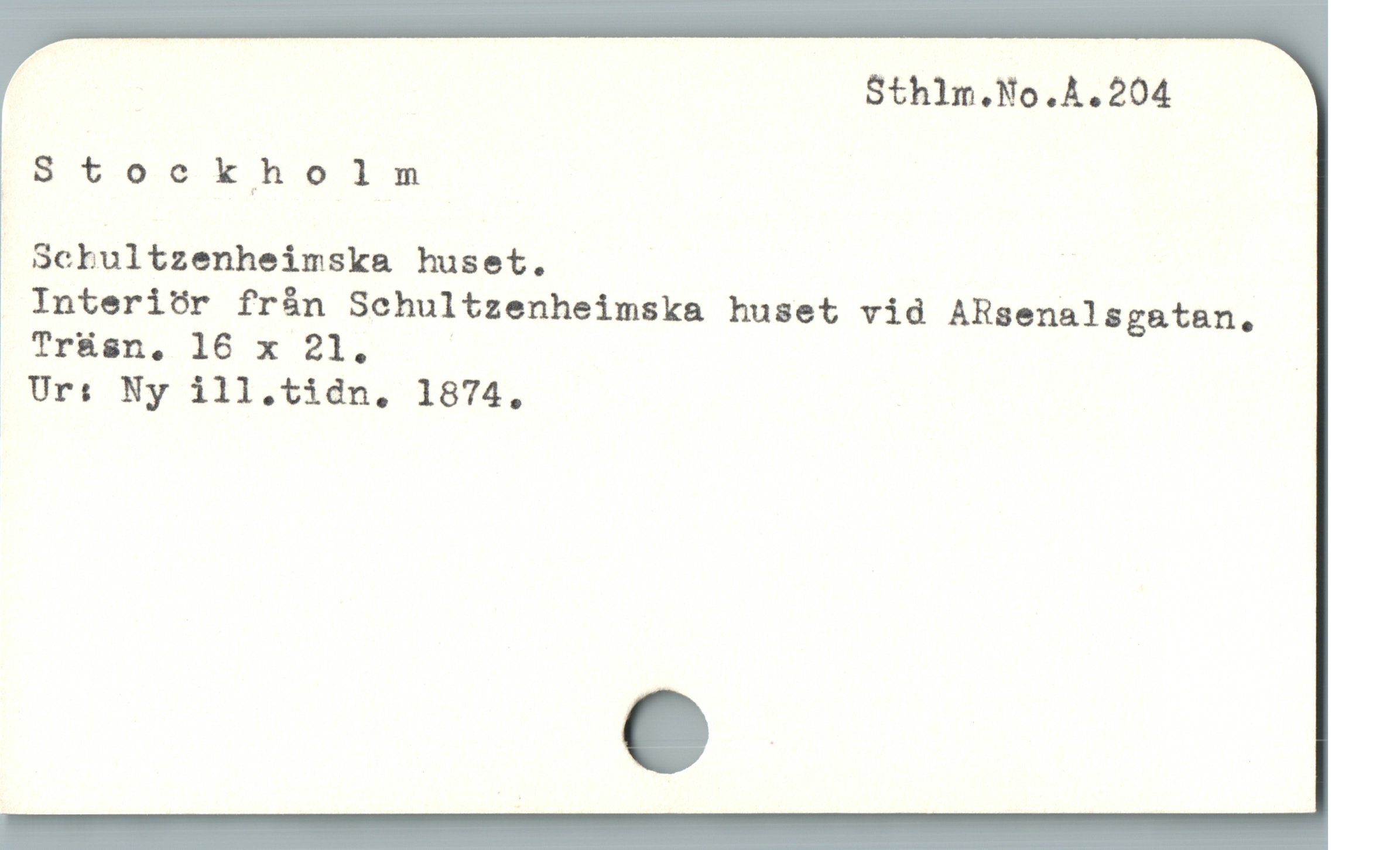  Sthlm.No.A.204
Stoeckholm
Schultzenheimska huset.
Interiür frán Schultzenheimska huset vid ARsenalsgatan,
Trüsn,. 16 x 21. |
Urs: Ny ill.tidn. 1874.
