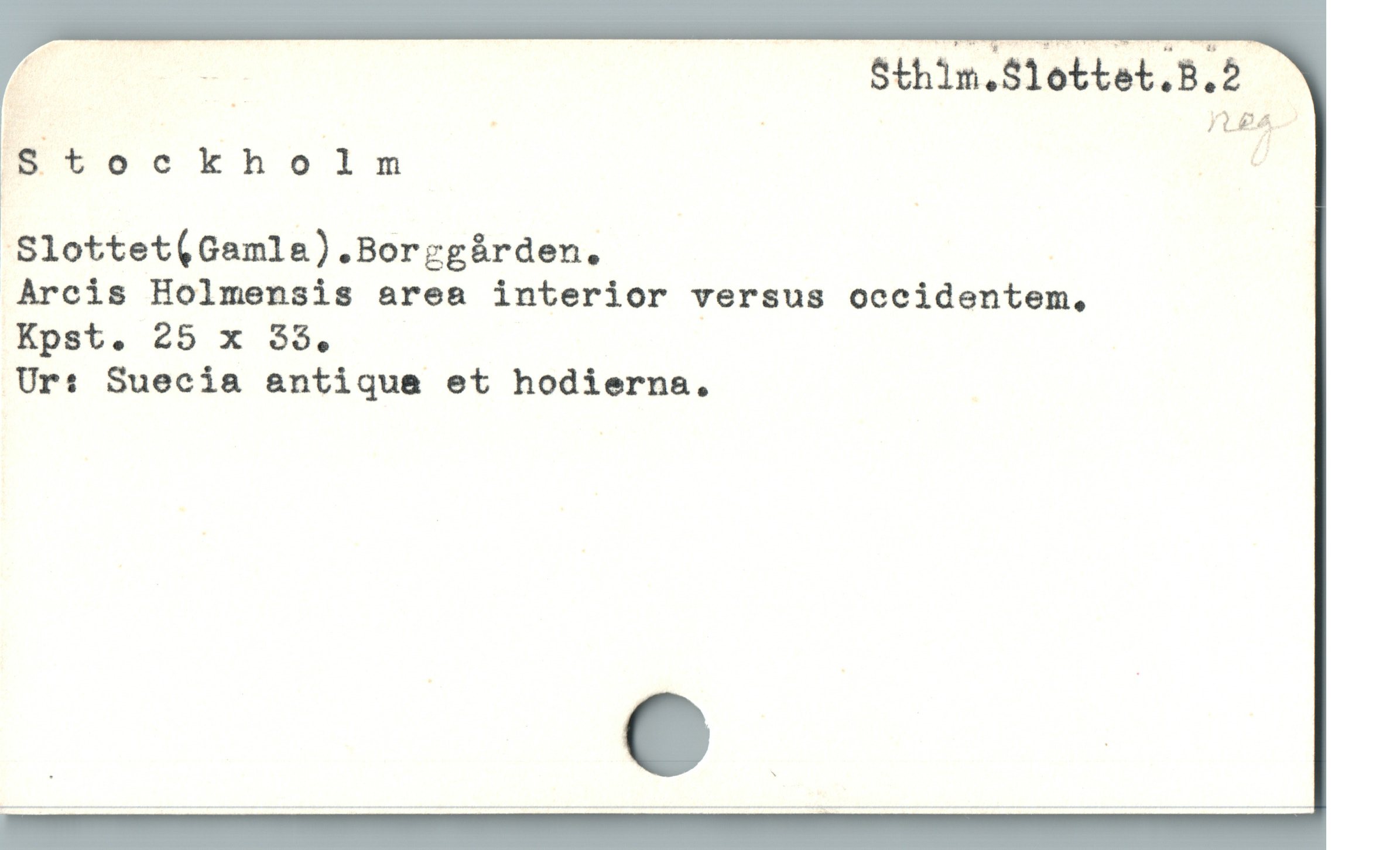 ; Sthim.Slottet.B.2
É i / - - A.
Stockholm d
.Slottet(Gamla).Borrgárden. |

Arcis Holmensis area interior versus occidentem,

Kpst. 25 x $5,

Ur: Suecia antiqua et hodierna.
