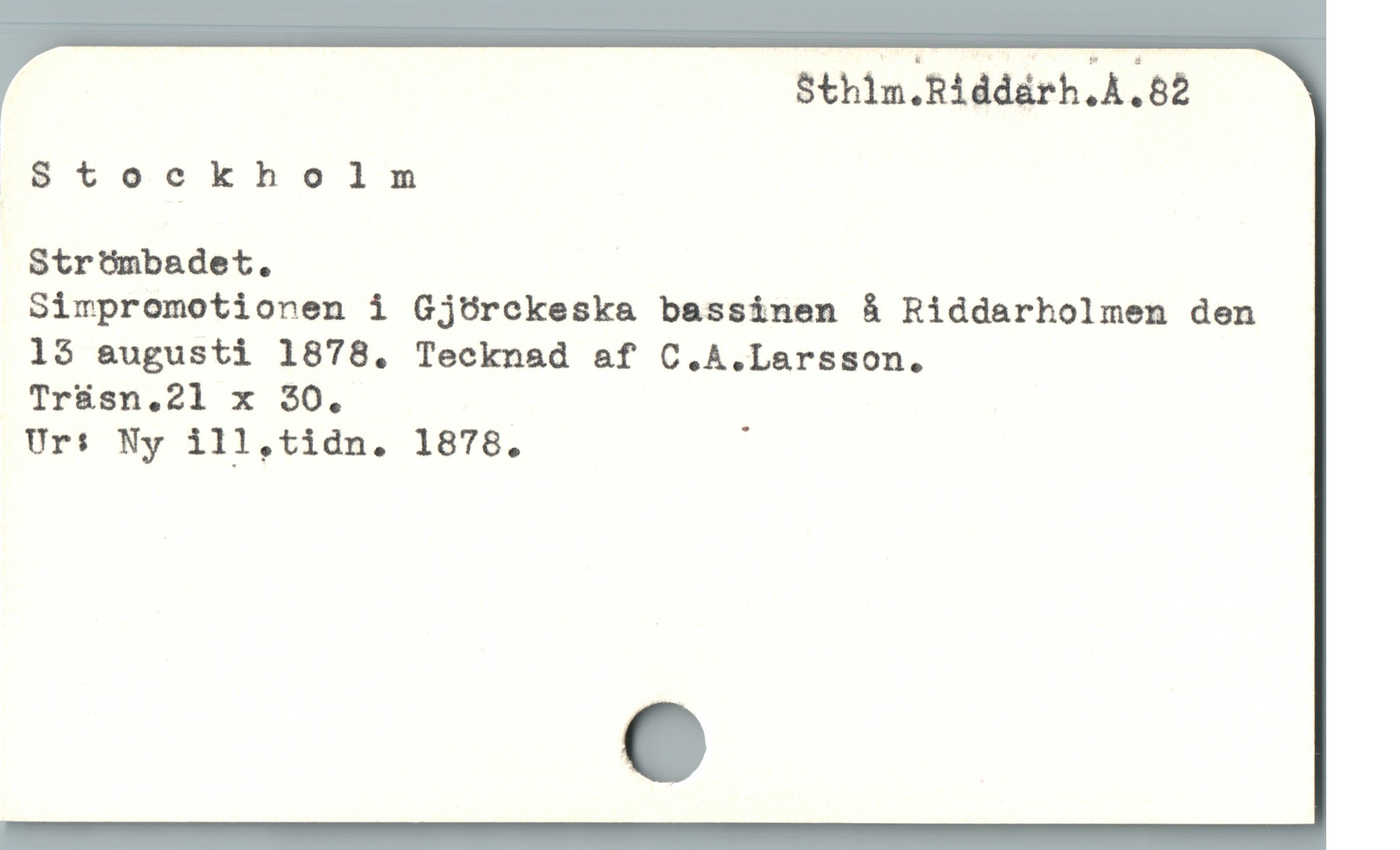  Sthin.Riddárh.A. 82
Stockholm
Stroómbadet.
Simpromotionen i Gj6rckeska bassinen å Riddarholmen den
15 &ugusti 1878. Tecknad af C.A.Larsson.
Tr&sn.21 x 30.
Ur: Ny ill,tidn. 1878. :
