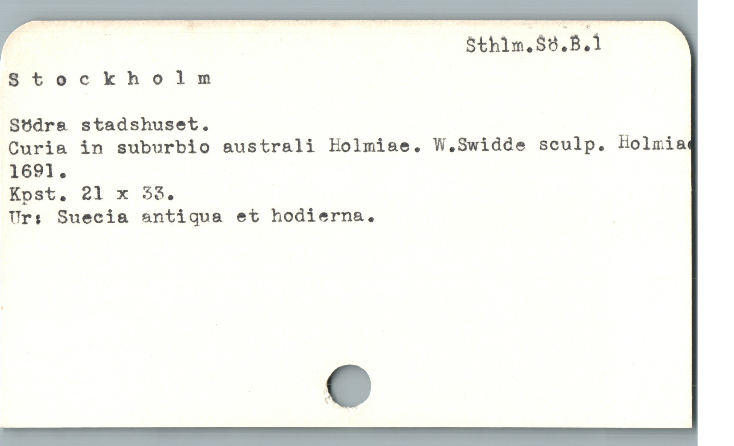  j | Sthlm.$3.B.1
Stockholm

Södra stadshuset.

Curia in suburbio australi Holmiae. W.Swidde sculp. Holmia
1691.

Kost, 21 x 55.

Ur:; Sueci& antiqua et hodierns.
